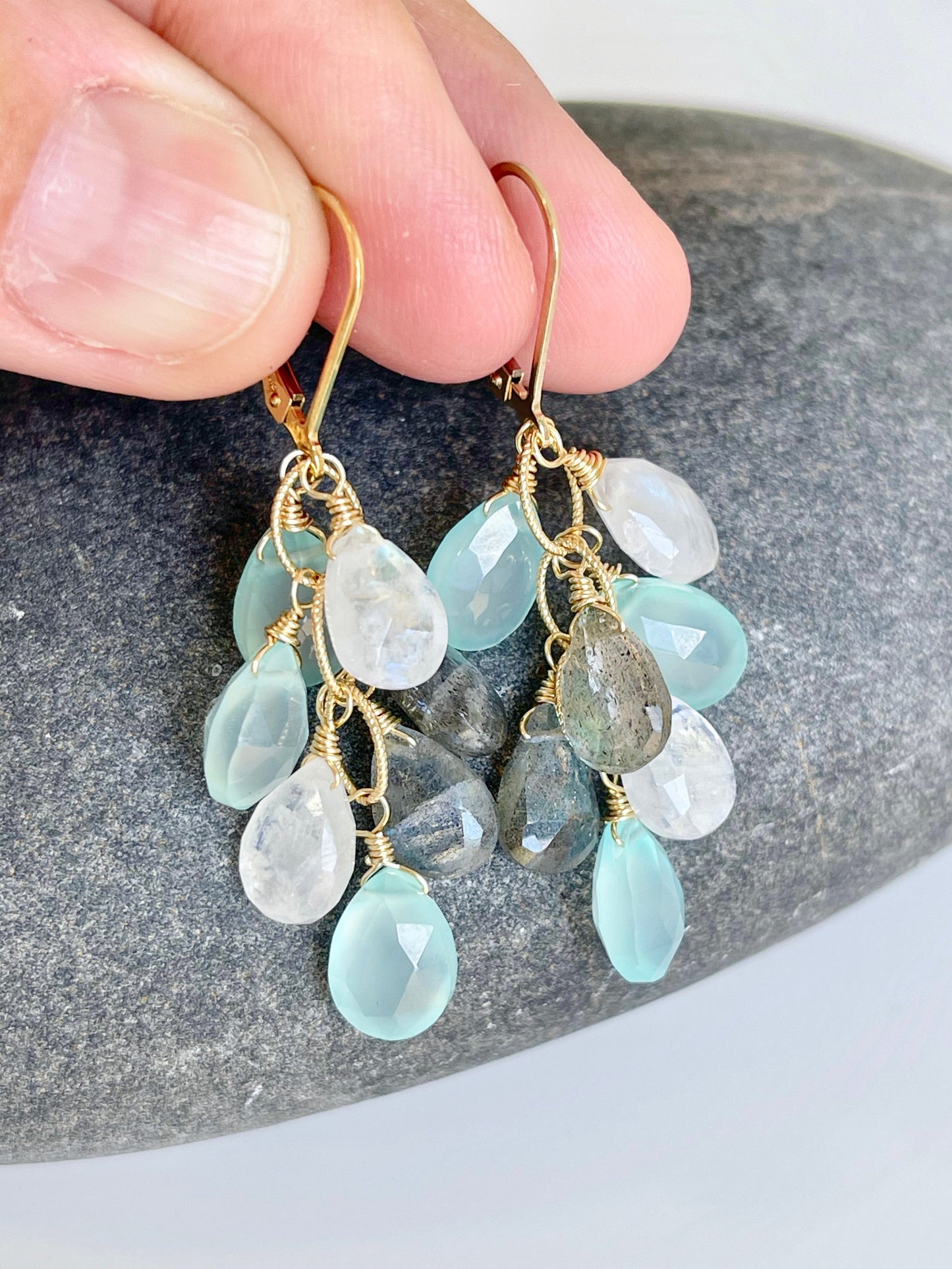Moonstone, Labradorite and Chalcedony Cluster Earrings