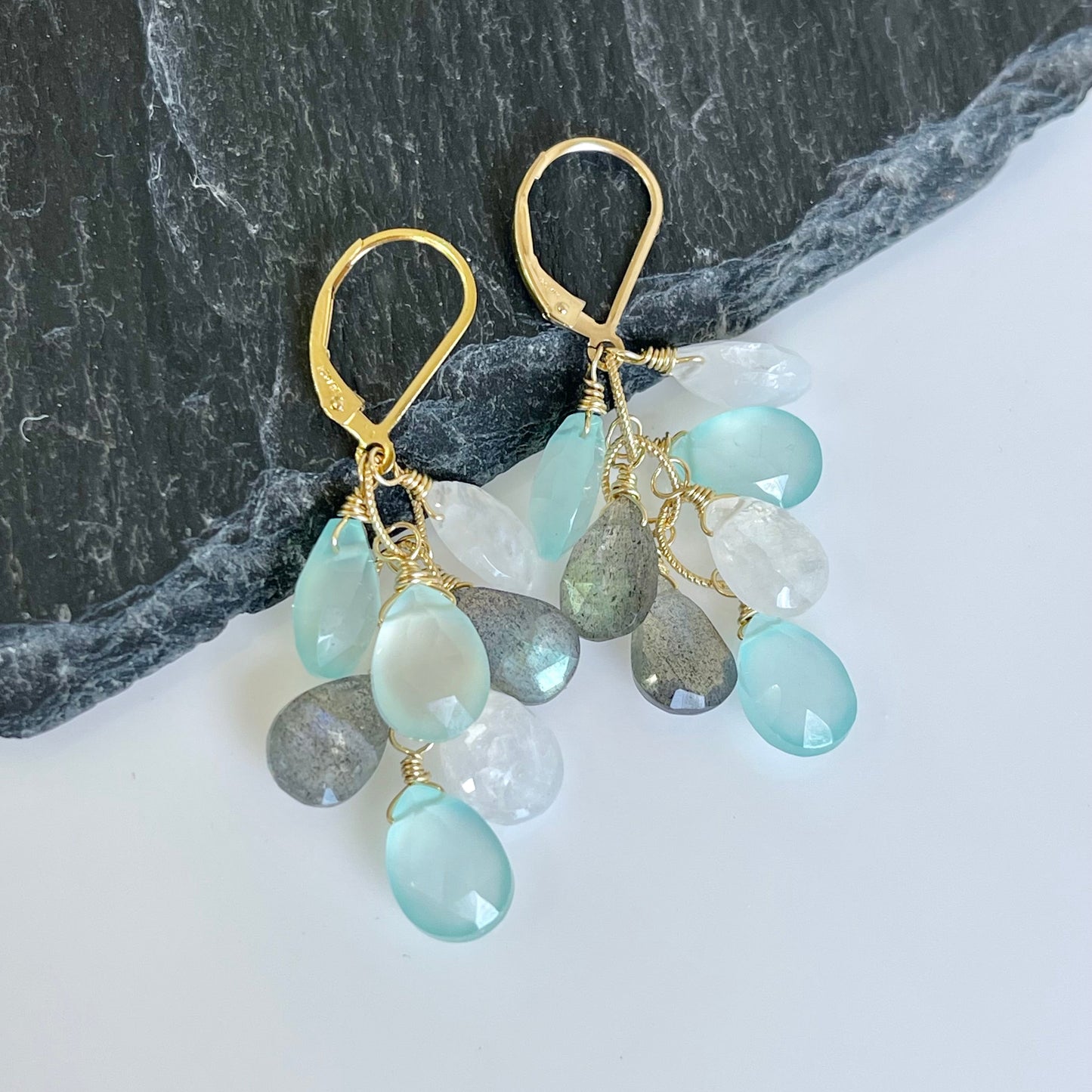 Moonstone, Labradorite and Chalcedony Cluster Earrings