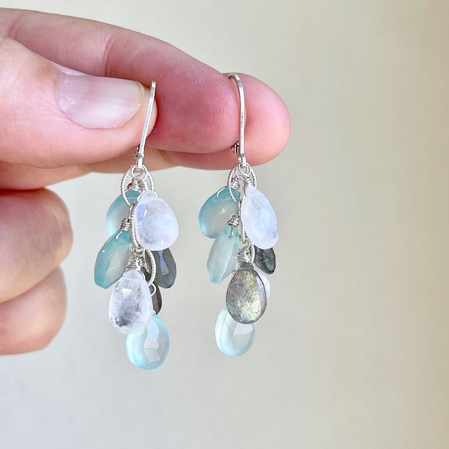 Moonstone, Labradorite and Chalcedony Cluster Earrings