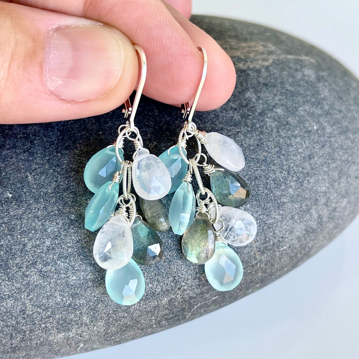 Moonstone, Labradorite and Chalcedony Cluster Earrings
