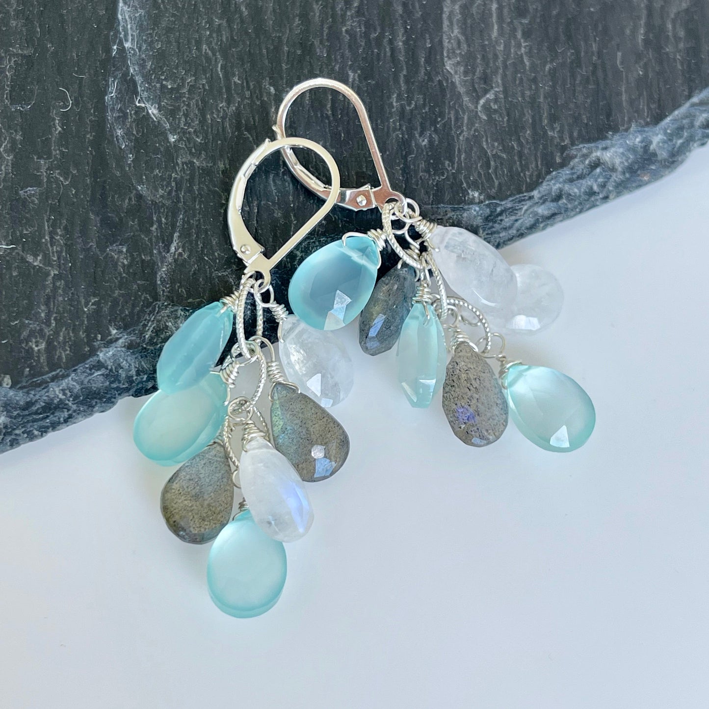 Moonstone, Labradorite and Chalcedony Cluster Earrings