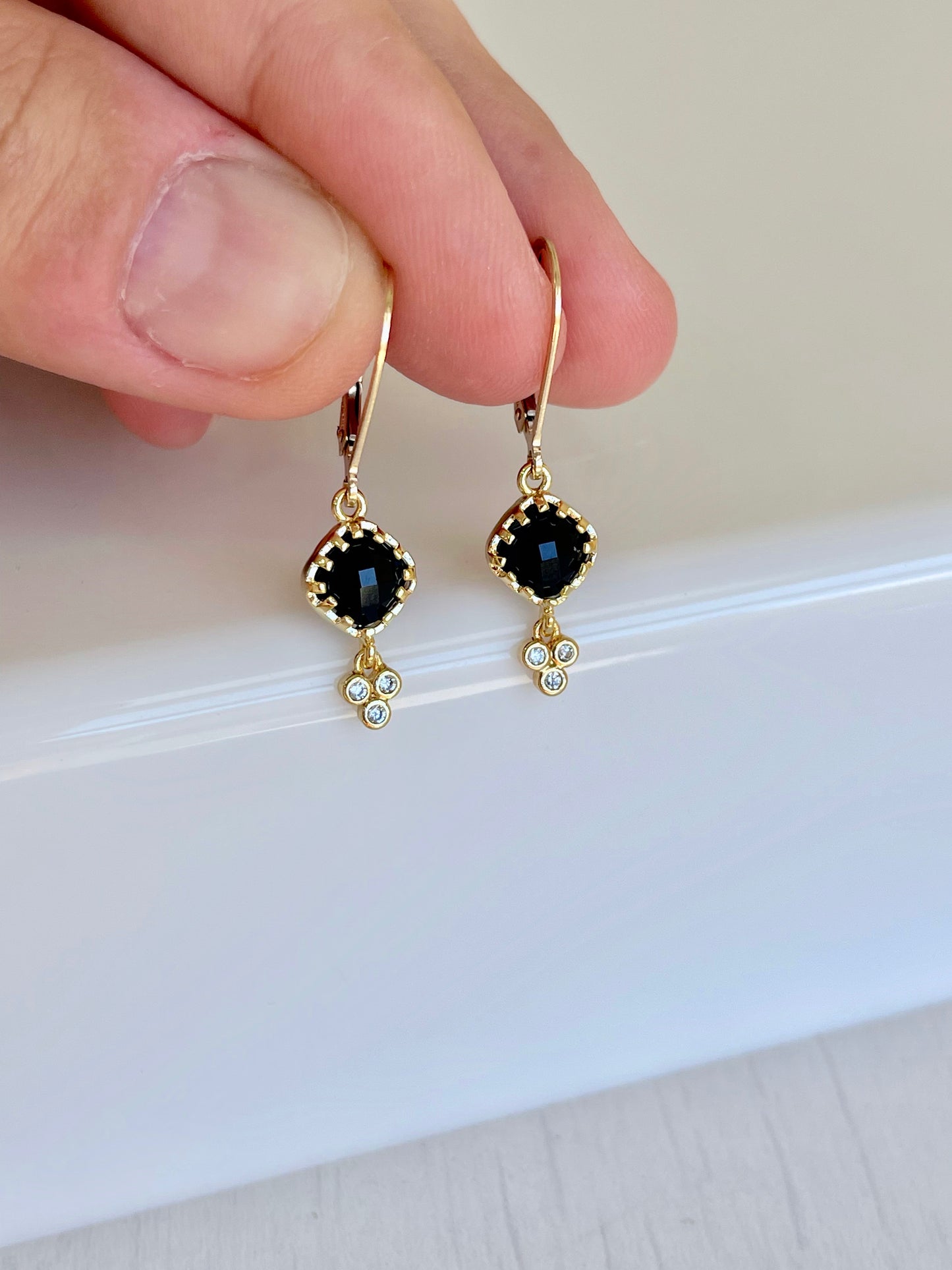 Black Onyx Earrings, Tiny Shiny Black Diamond Shape Earrings, Small Dangle Drops Gold or Silver, Elegant Minimalist Earrings, Gift for her