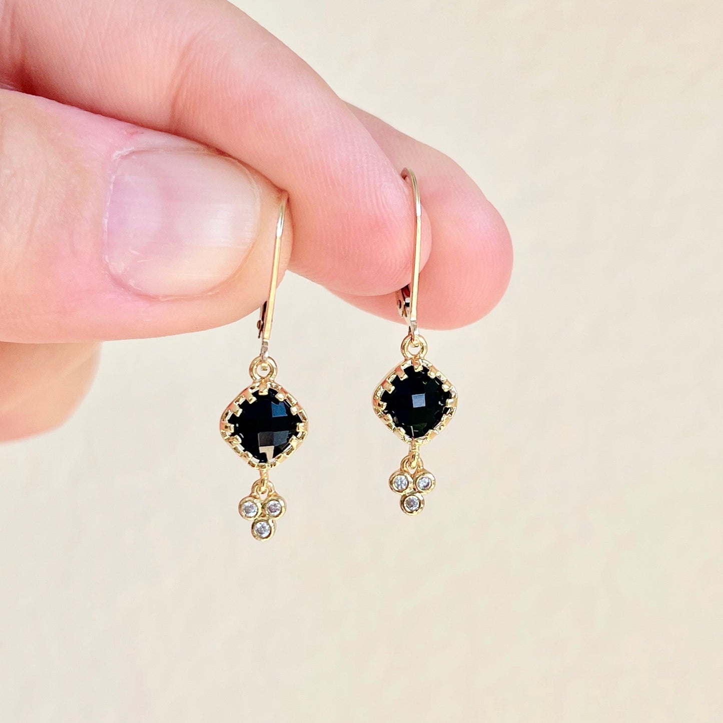 Black Onyx Earrings, Tiny Shiny Black Diamond Shape Earrings, Small Dangle Drops Gold or Silver, Elegant Minimalist Earrings, Gift for her