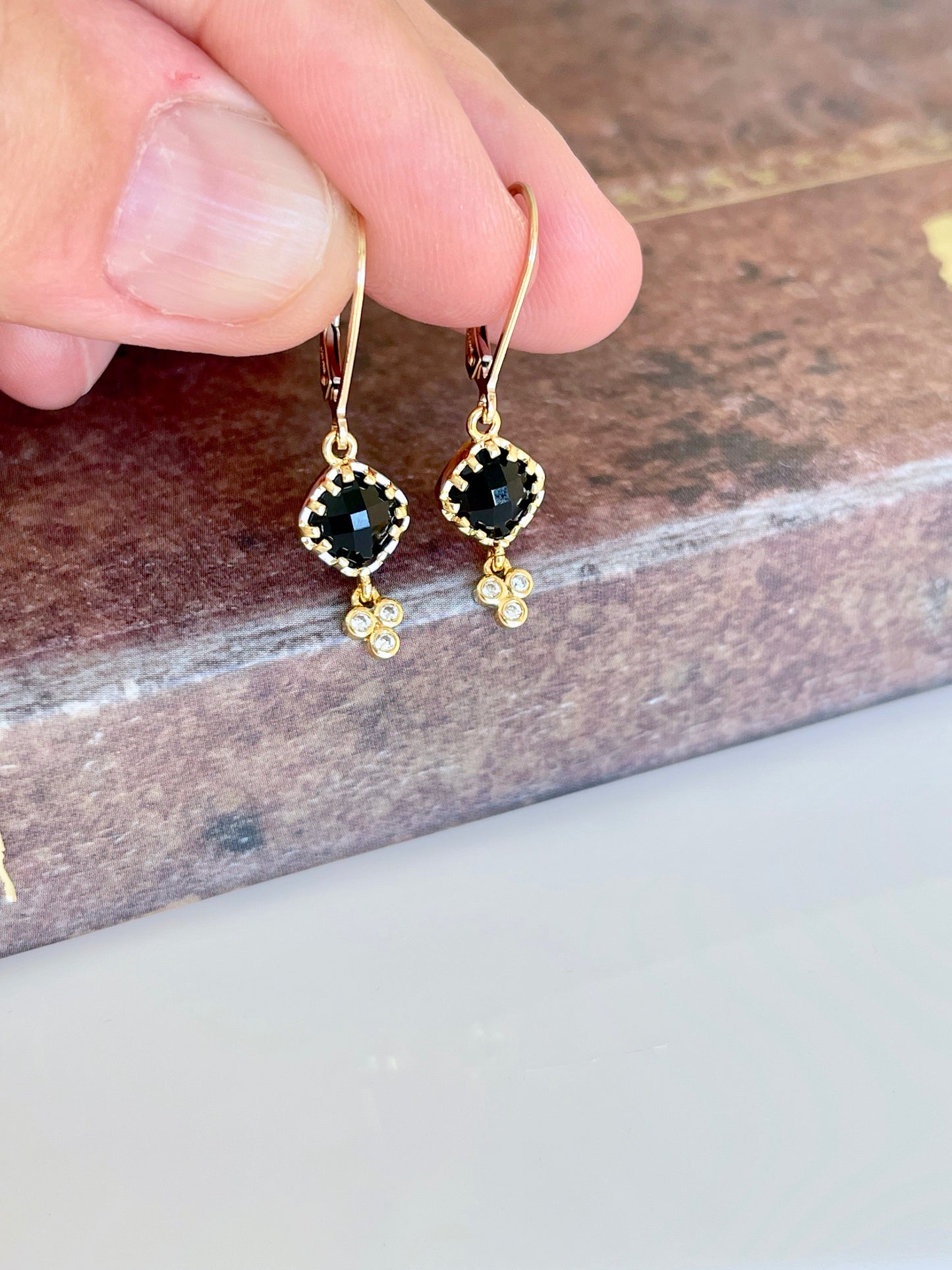 Black Onyx Earrings, Tiny Shiny Black Diamond Shape Earrings, Small Dangle Drops Gold or Silver, Elegant Minimalist Earrings, Gift for her