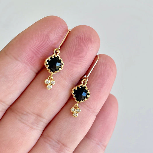 Black Onyx Earrings, Tiny Shiny Black Diamond Shape Earrings, Small Dangle Drops Gold or Silver, Elegant Minimalist Earrings, Gift for her