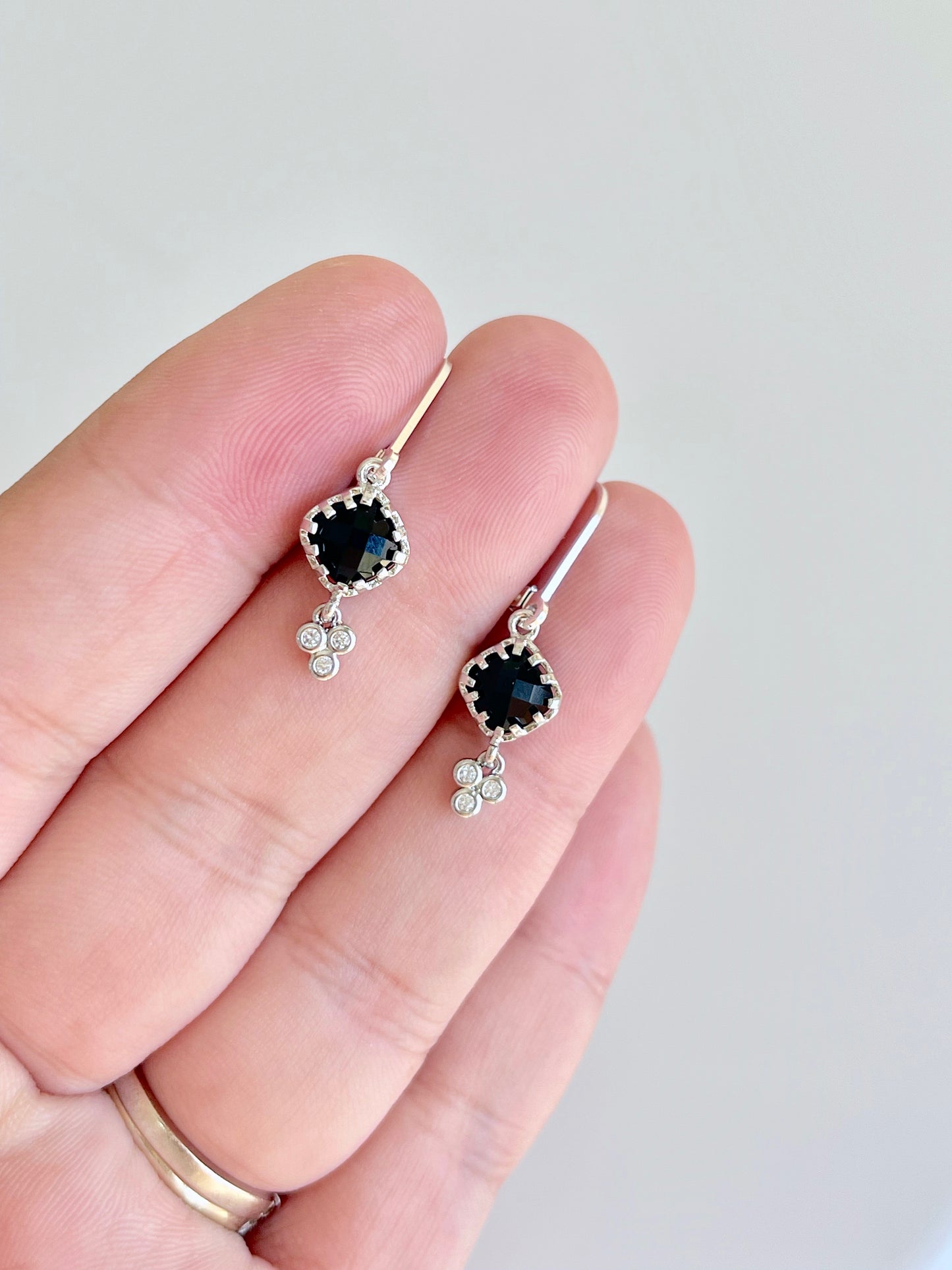 Black Onyx Earrings, Tiny Shiny Black Diamond Shape Earrings, Small Dangle Drops Gold or Silver, Elegant Minimalist Earrings, Gift for her