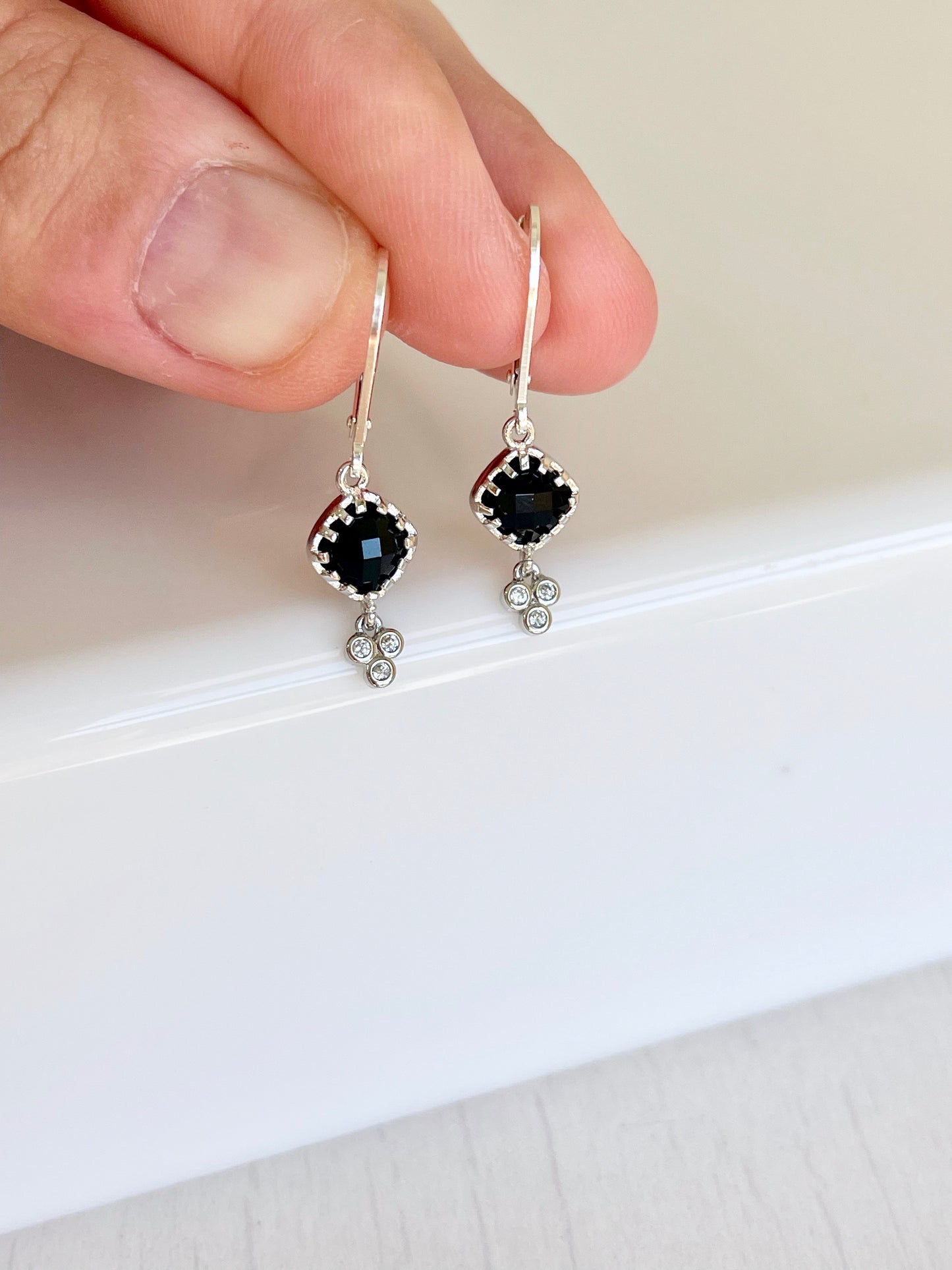 Black Onyx Earrings, Tiny Shiny Black Diamond Shape Earrings, Small Dangle Drops Gold or Silver, Elegant Minimalist Earrings, Gift for her