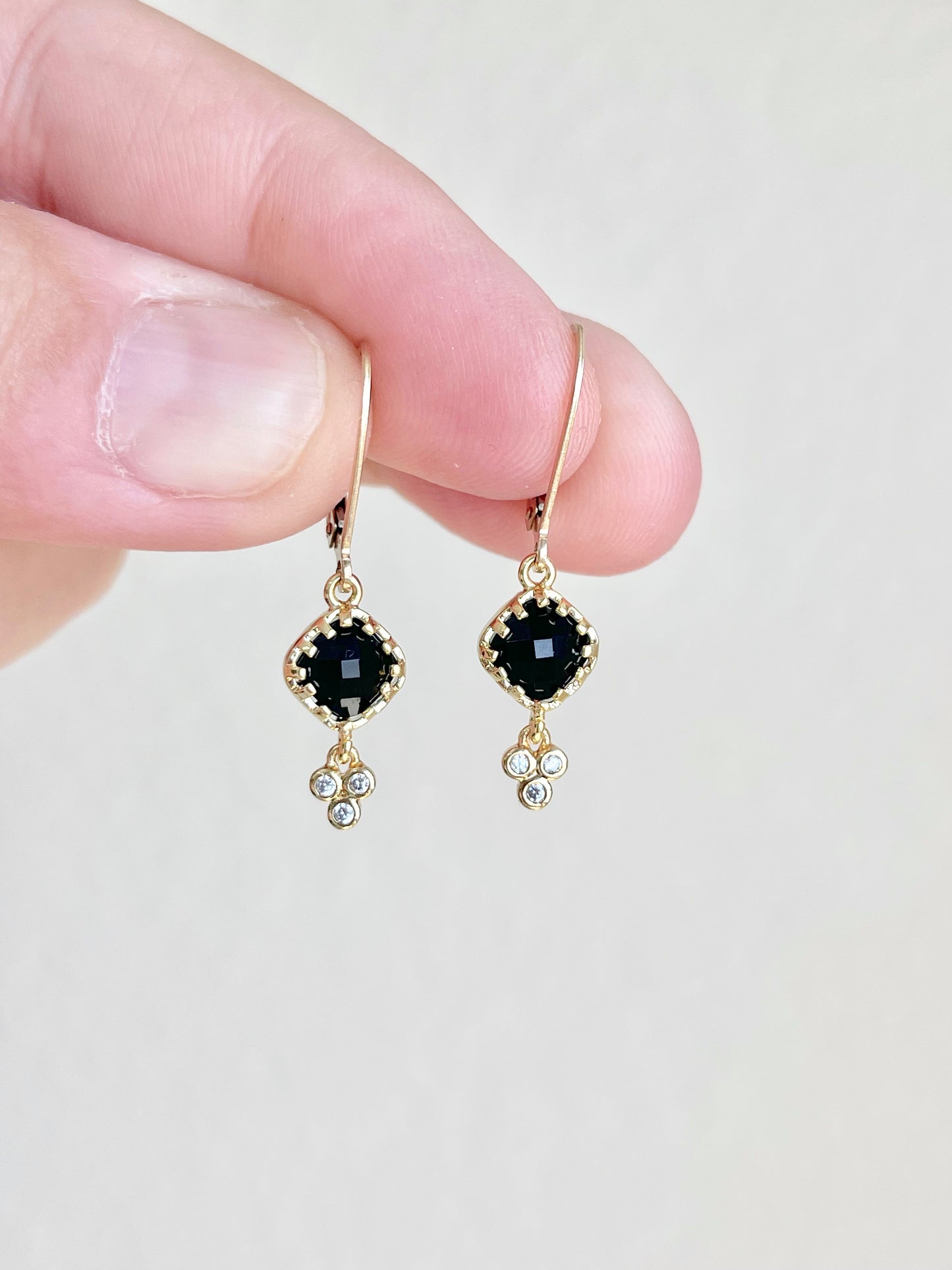 Black Onyx Earrings, Tiny Shiny Black Diamond Shape Earrings, Small Dangle Drops Gold or Silver, Elegant Minimalist Earrings, Gift for her