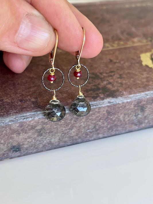 Rutilated Quartz and Ruby Earrings