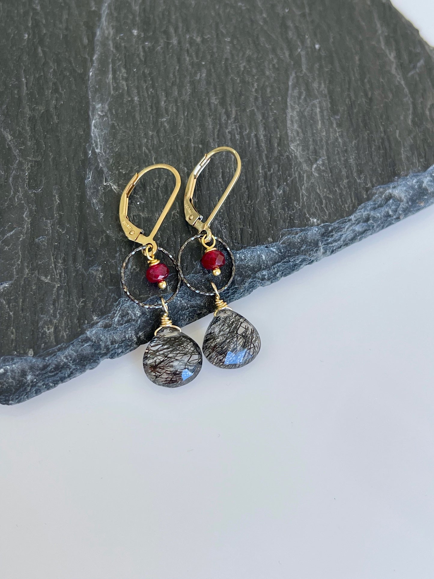 Rutilated Quartz and Ruby Earrings