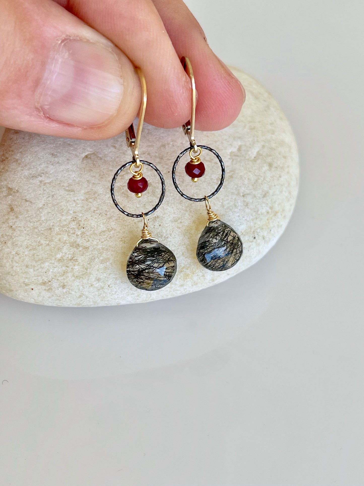 Rutilated Quartz and Ruby Earrings