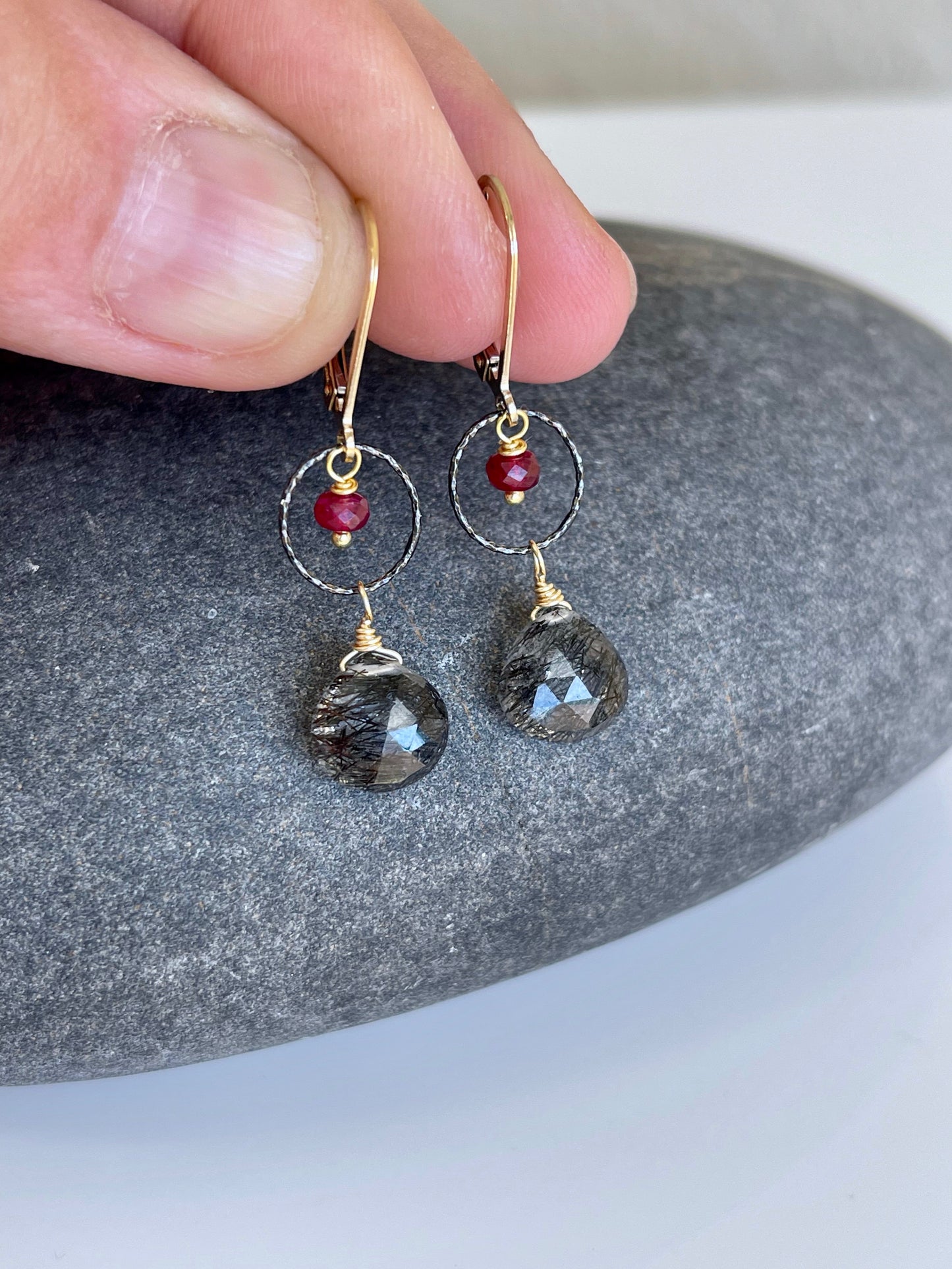 Rutilated Quartz and Ruby Earrings