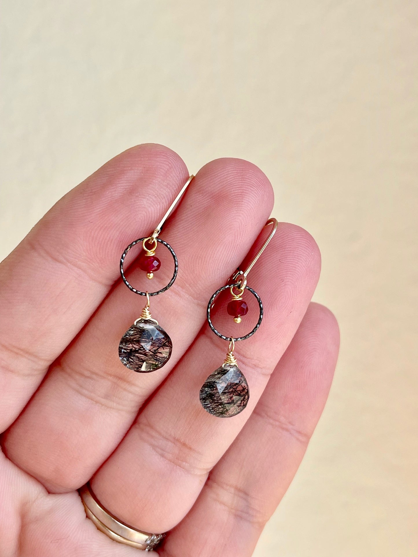 Rutilated Quartz and Ruby Earrings