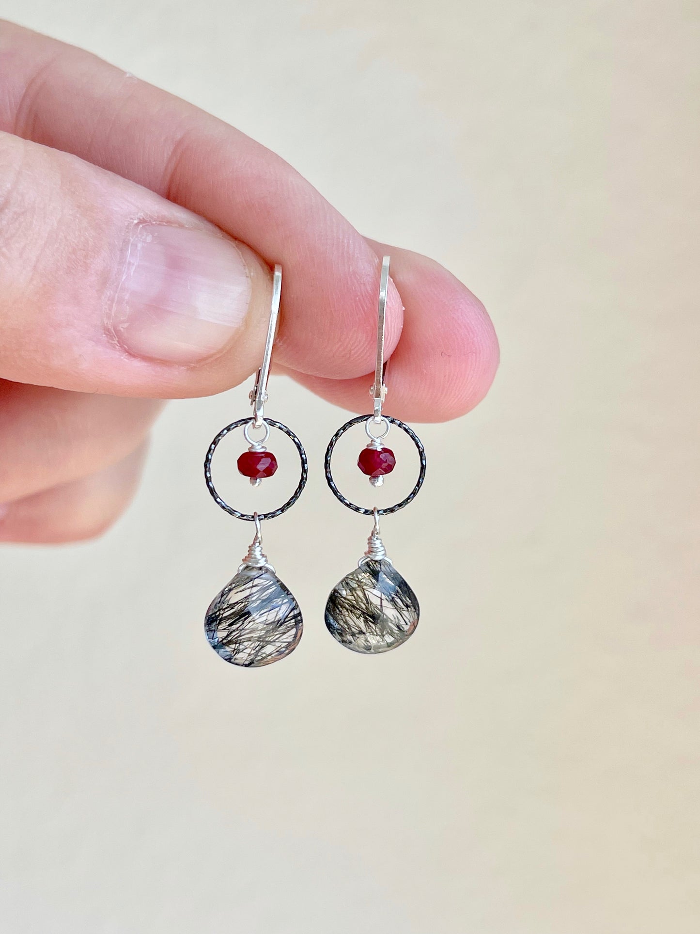 Rutilated Quartz and Ruby Earrings