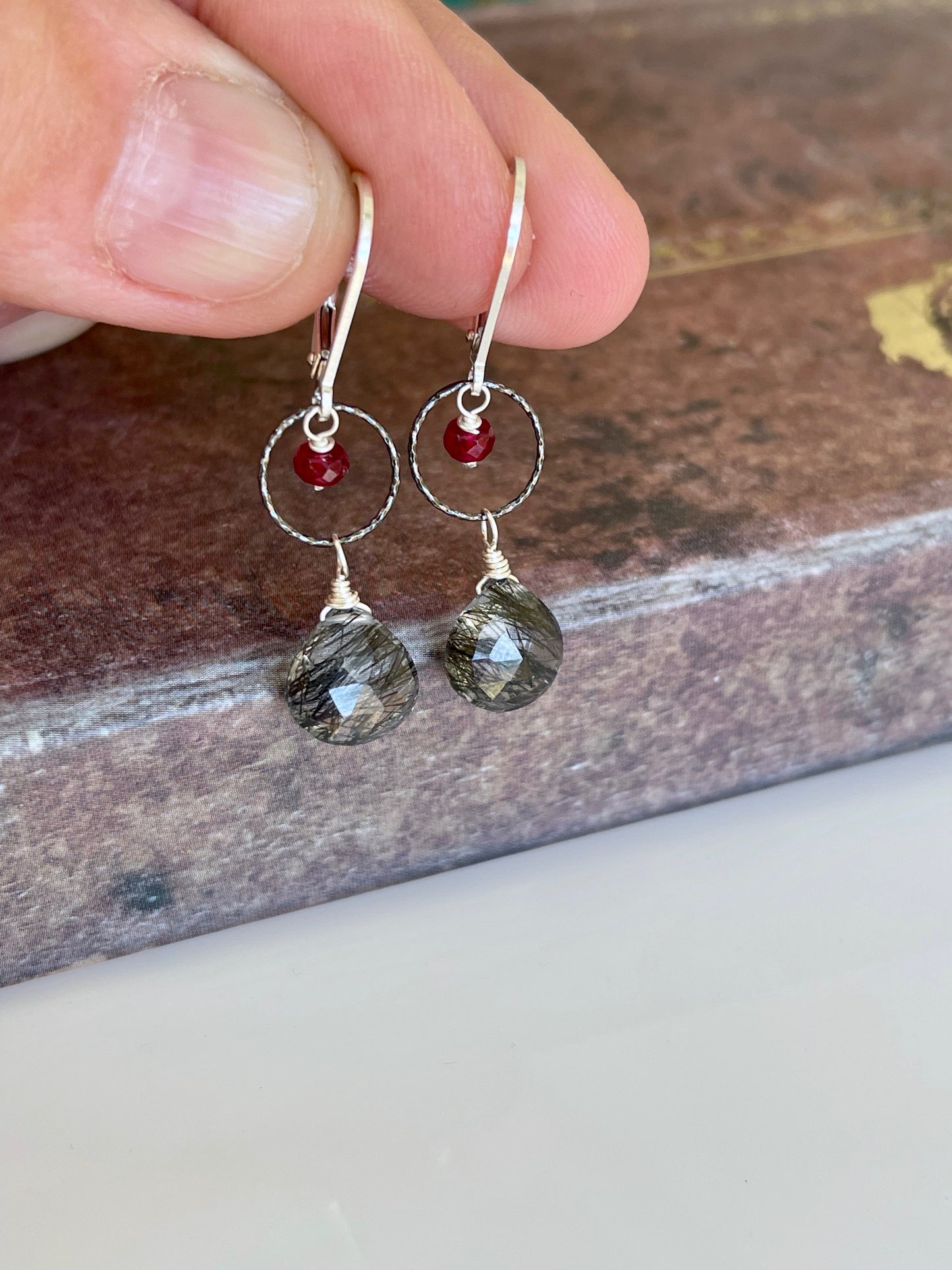 Rutilated Quartz and Ruby Earrings