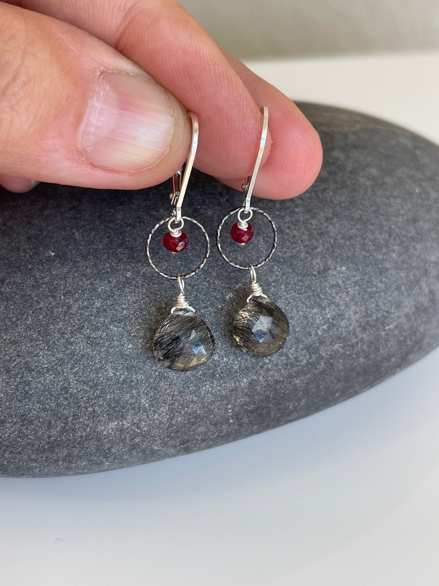 Rutilated Quartz and Ruby Earrings