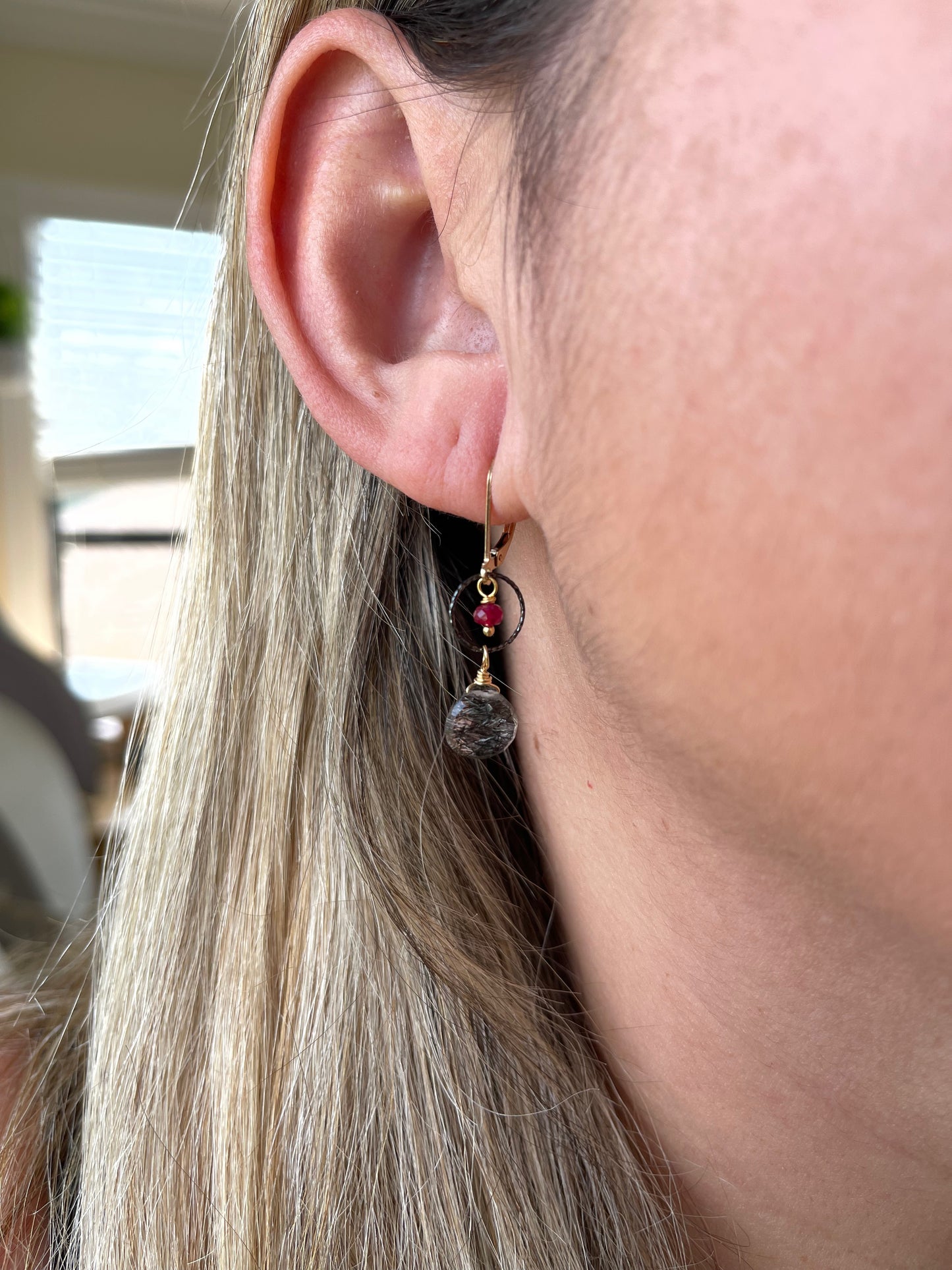 Rutilated Quartz and Ruby Earrings