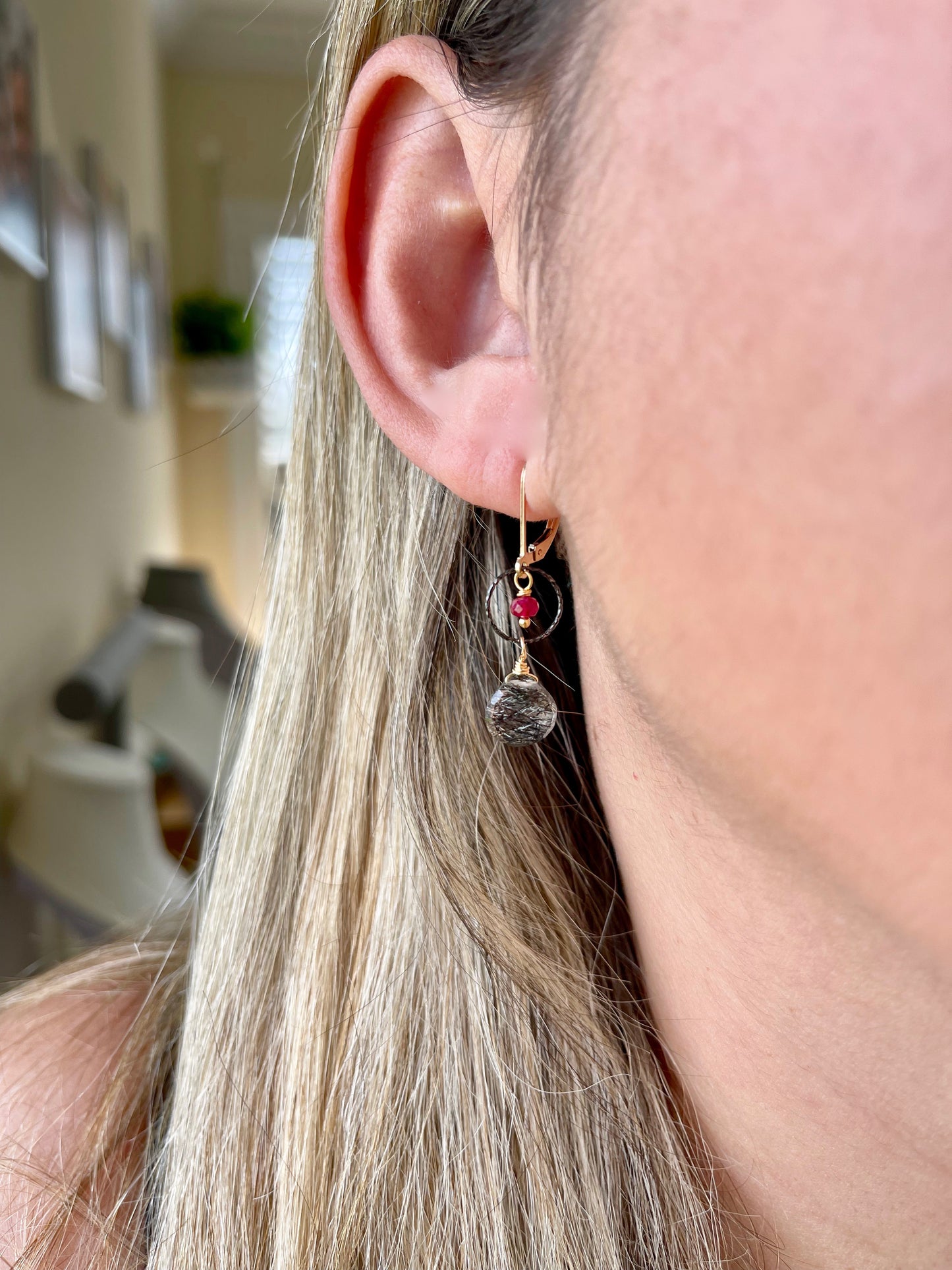 Rutilated Quartz and Ruby Earrings