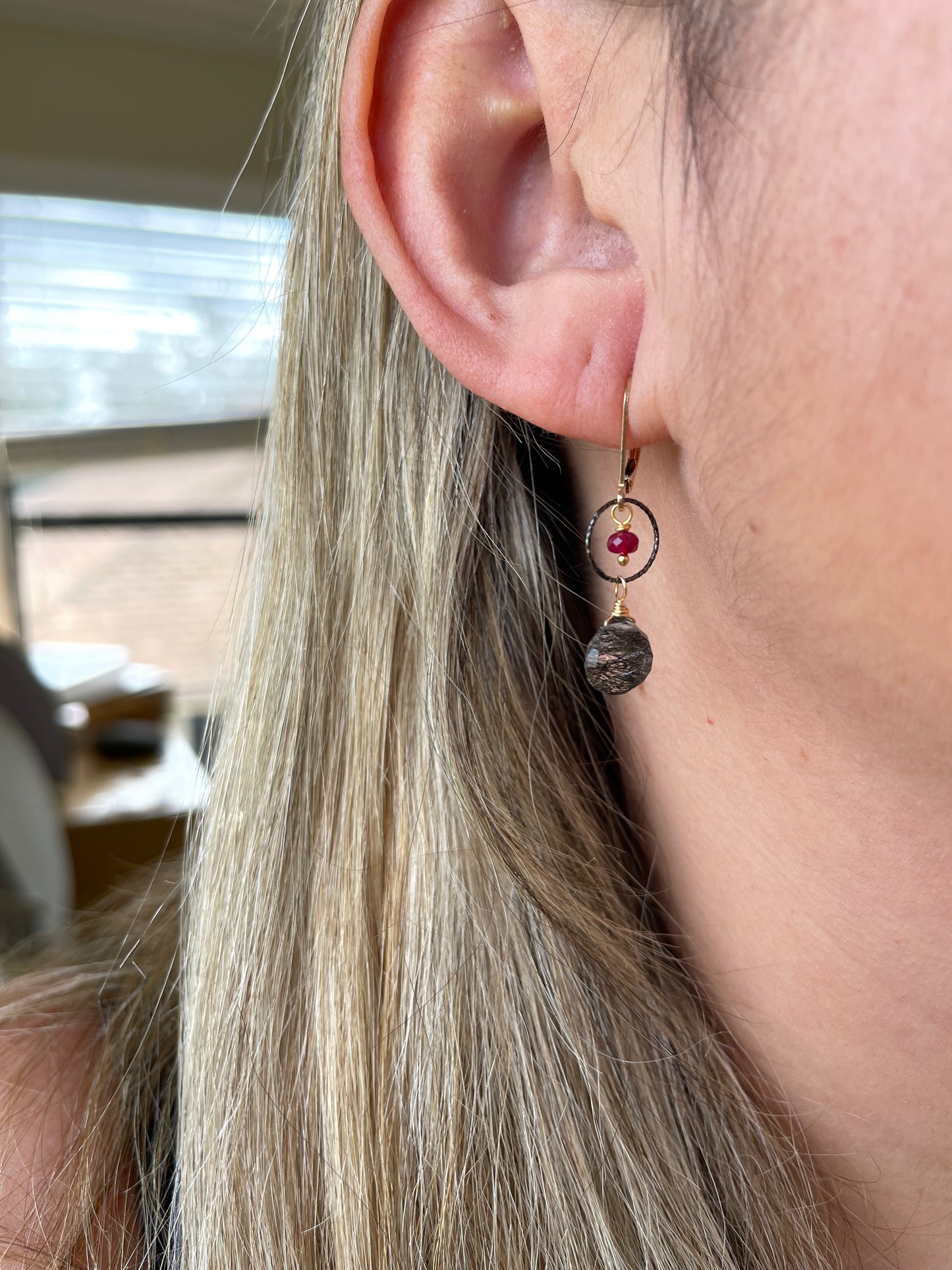 Rutilated Quartz and Ruby Earrings