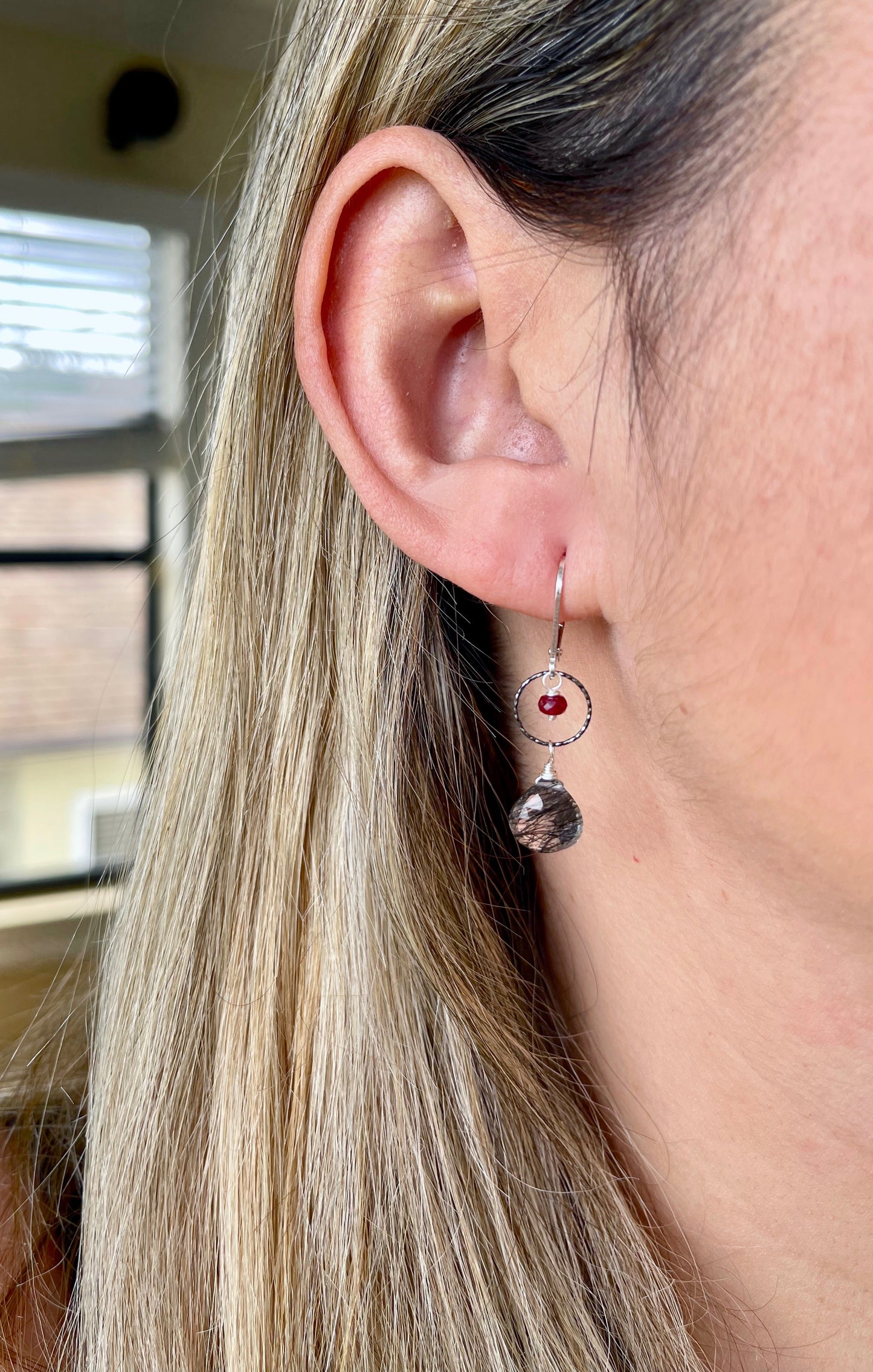 Rutilated Quartz and Ruby Earrings