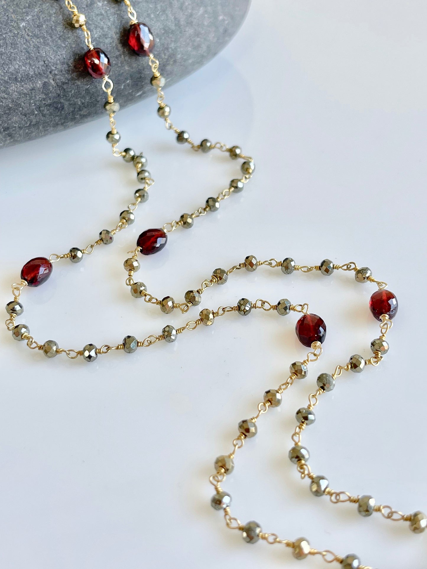 Garnet and Pyrite Long Beaded Necklace