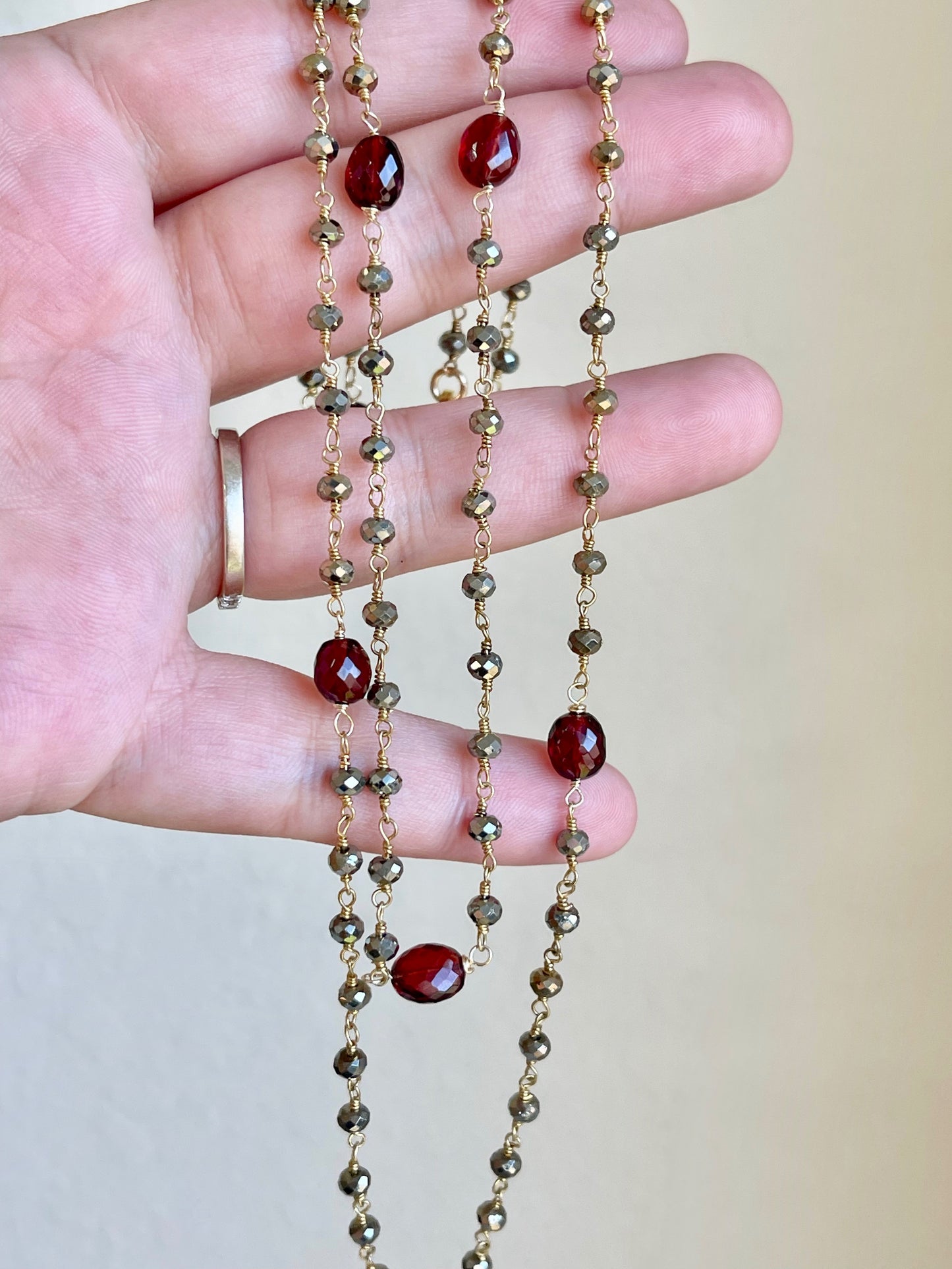 Garnet and Pyrite Long Beaded Necklace