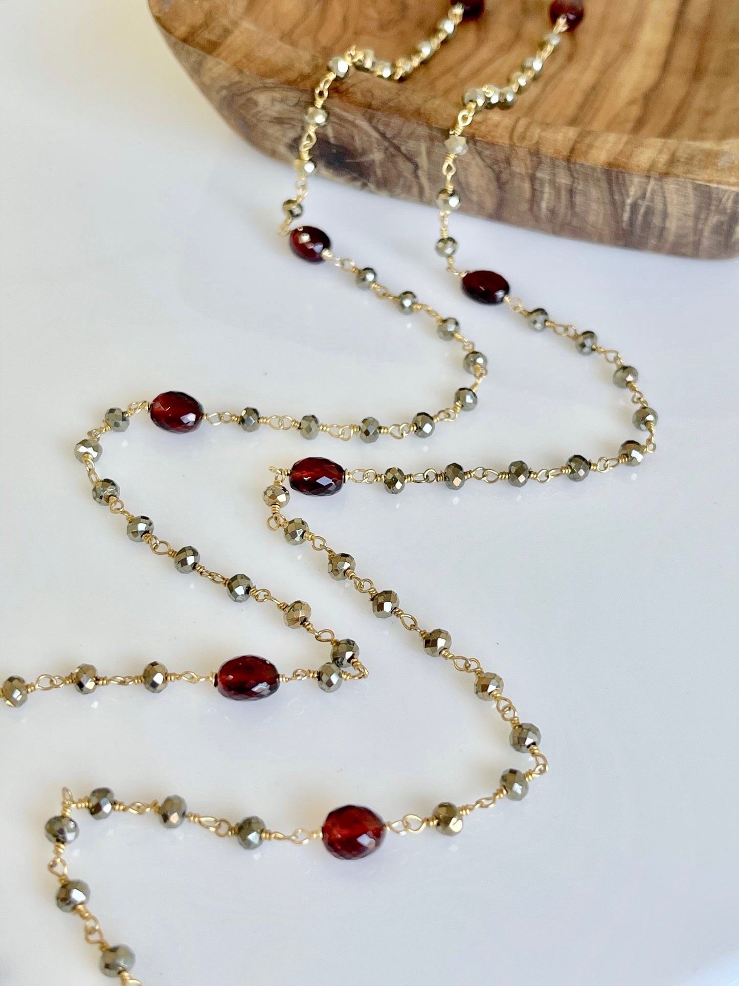 Garnet and Pyrite Long Beaded Necklace