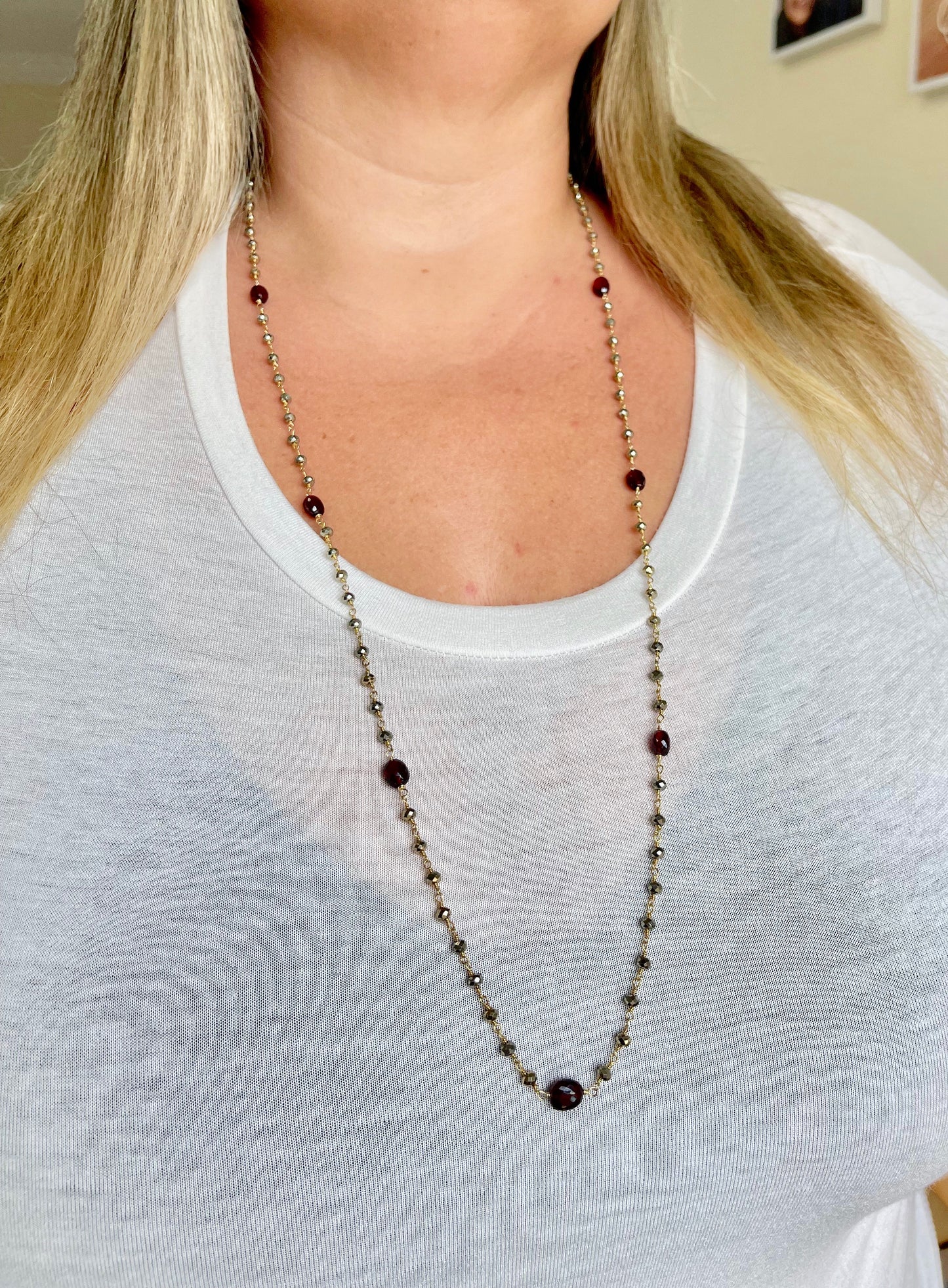 Garnet and Pyrite Long Beaded Necklace