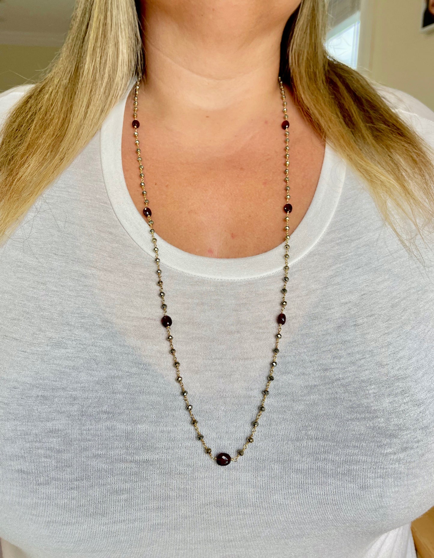 Garnet and Pyrite Long Beaded Necklace