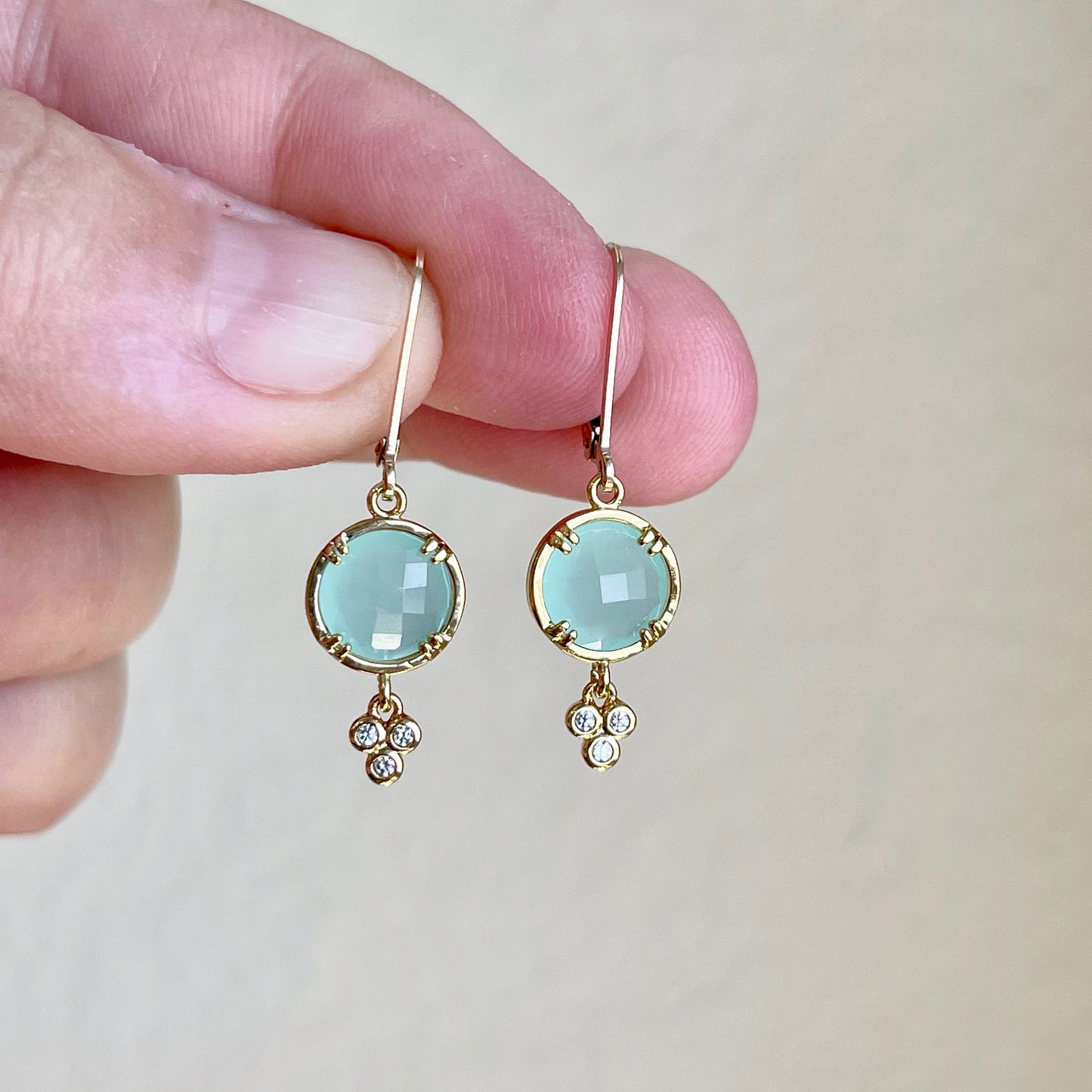 Chalcedony Earrings, Aqua Blue Chalcedony Round Earrings in Gold or Silver, Tiny Turquoise Color Jewelry, Small Summer Earrings for women