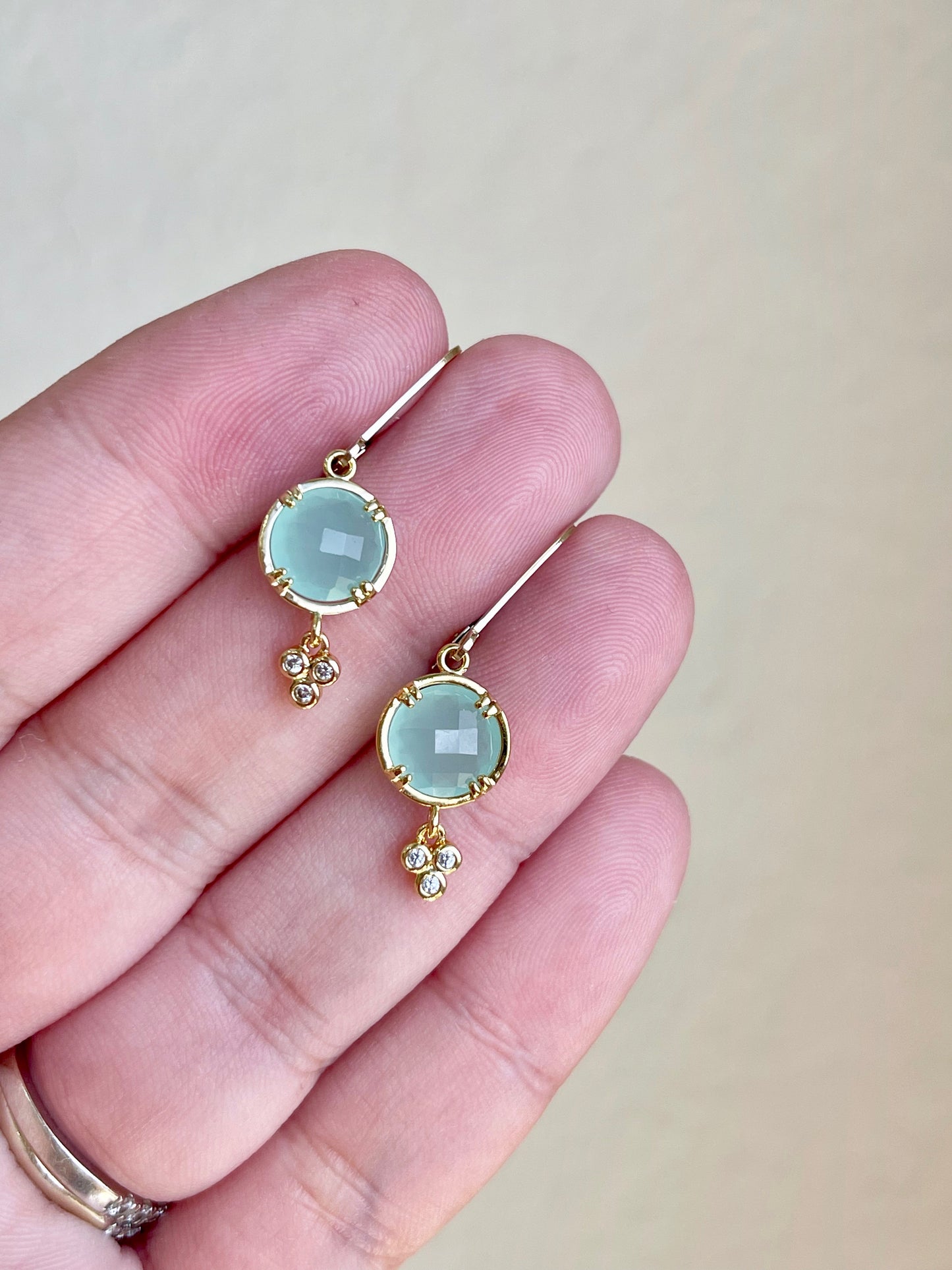 Chalcedony Earrings, Aqua Blue Chalcedony Round Earrings in Gold or Silver, Tiny Turquoise Color Jewelry, Small Summer Earrings for women