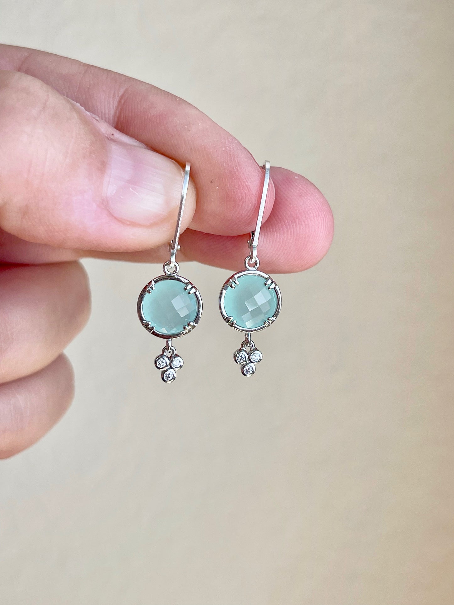 Chalcedony Earrings, Aqua Blue Chalcedony Round Earrings in Gold or Silver, Tiny Turquoise Color Jewelry, Small Summer Earrings for women