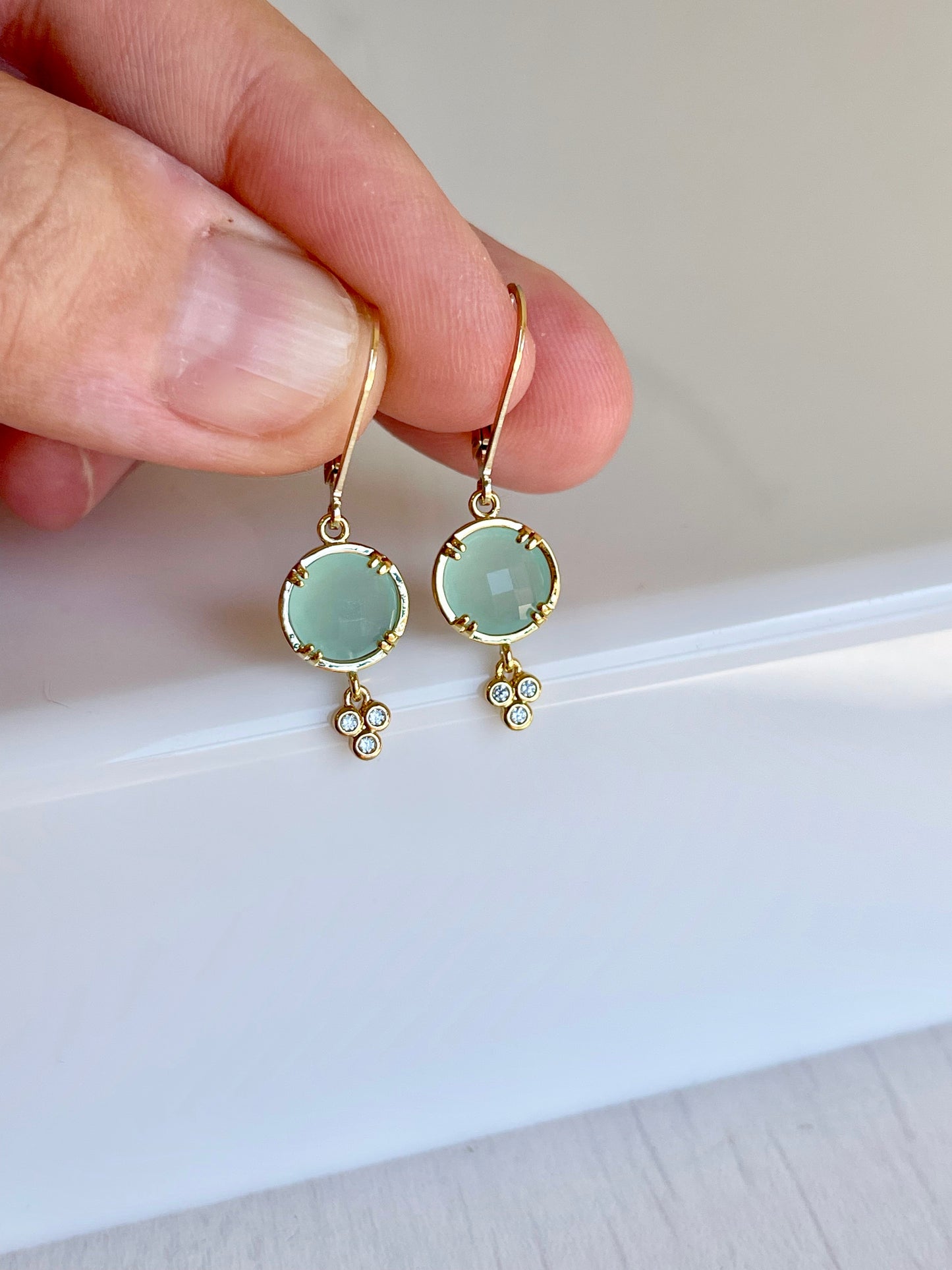 Chalcedony Earrings, Aqua Blue Chalcedony Round Earrings in Gold or Silver, Tiny Turquoise Color Jewelry, Small Summer Earrings for women