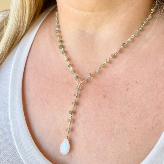 Rainbow Moonstone and Labradorite Y Lariat Necklace