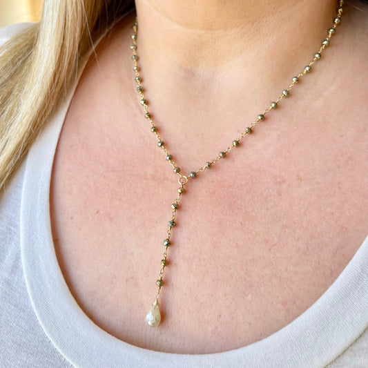 Pyrite and Silverite Necklace, Y Lariat Beaded Necklace