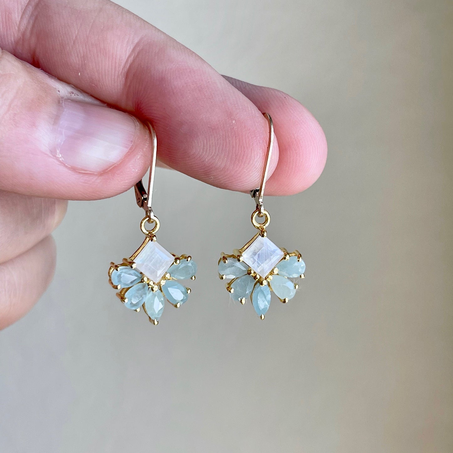 Aquamarine and Moonstone Earrings, March Birthstone, Teal Flower Earrings in Gold Filled, Floral Rainbow Moonstone Jewelry, Gift for her