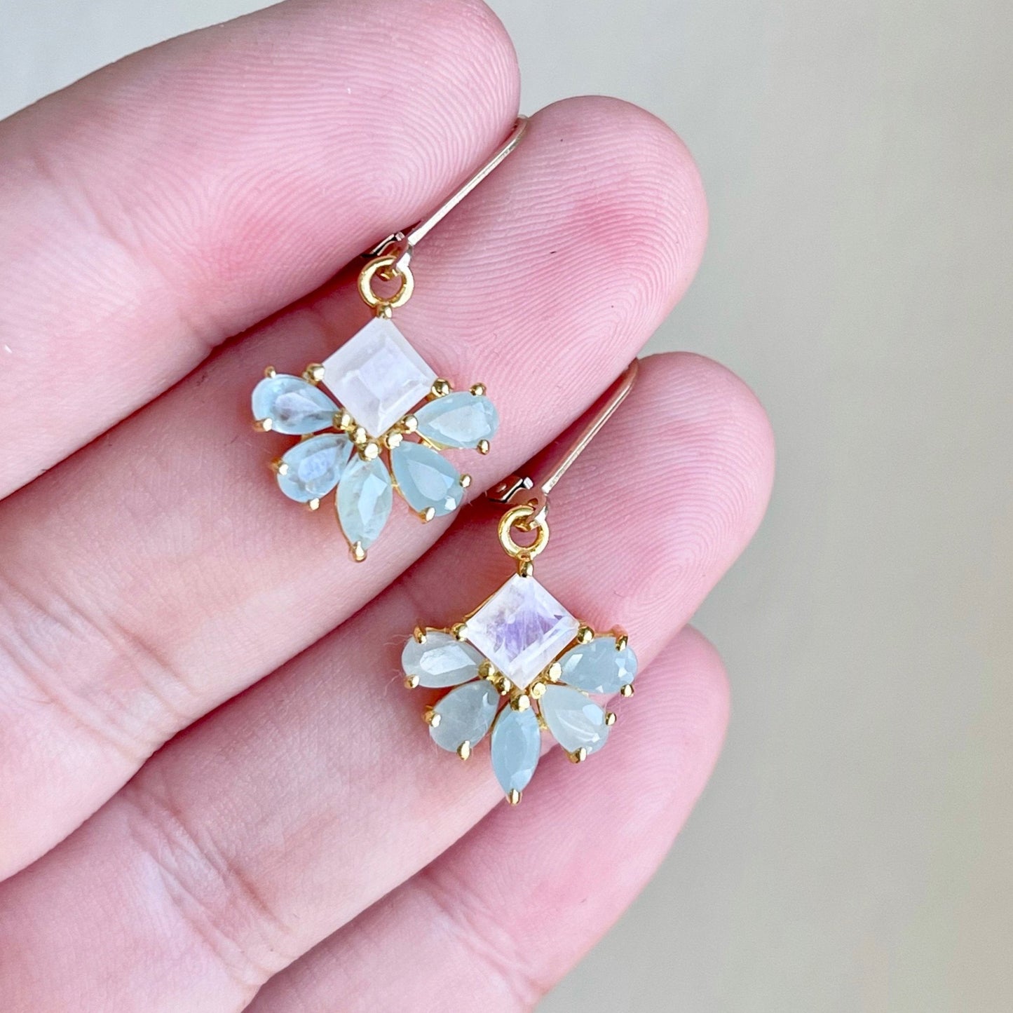 Aquamarine and Moonstone Earrings, March Birthstone, Teal Flower Earrings in Gold Filled, Floral Rainbow Moonstone Jewelry, Gift for her