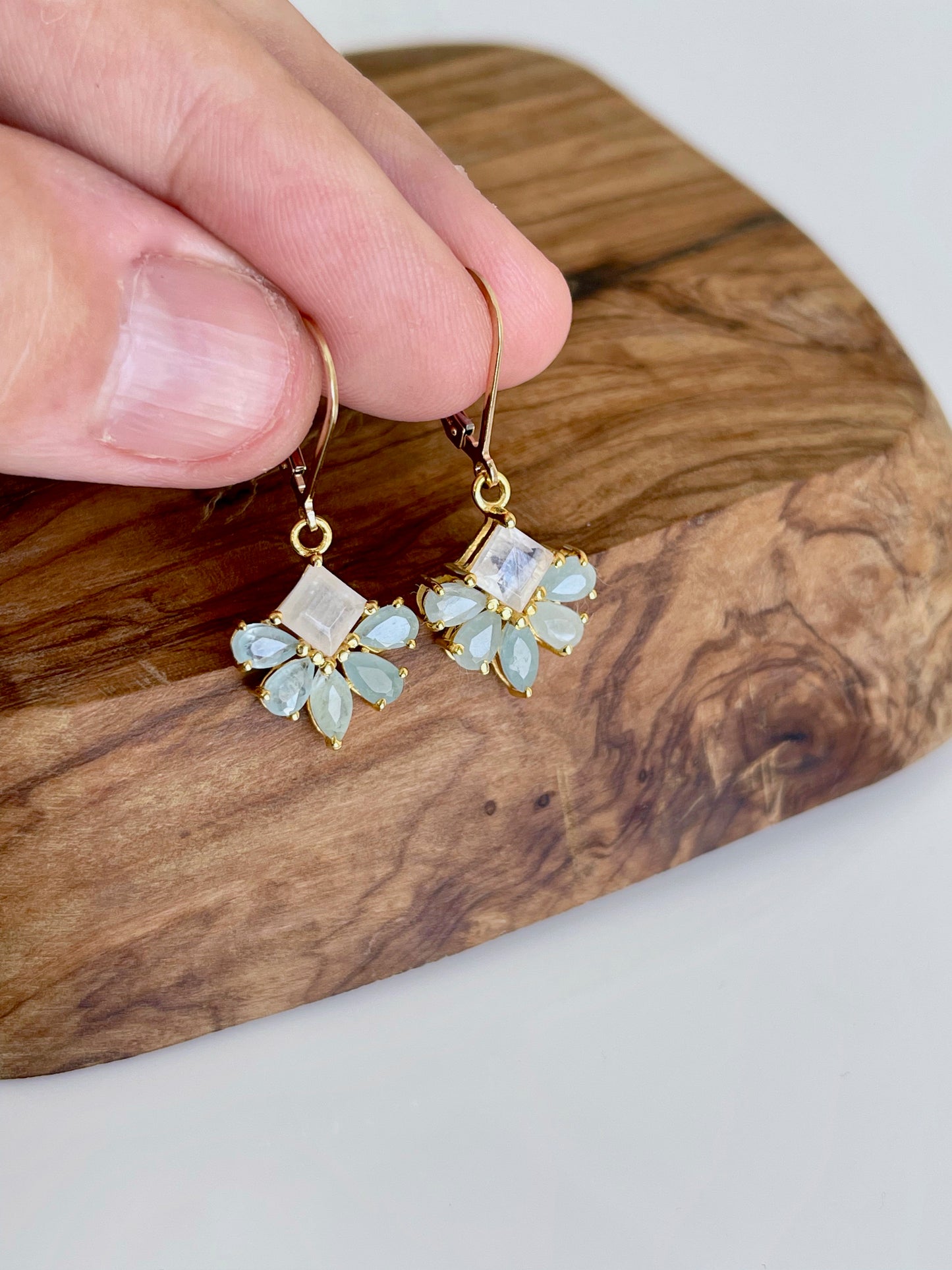 Aquamarine and Moonstone Earrings, March Birthstone, Teal Flower Earrings in Gold Filled, Floral Rainbow Moonstone Jewelry, Gift for her