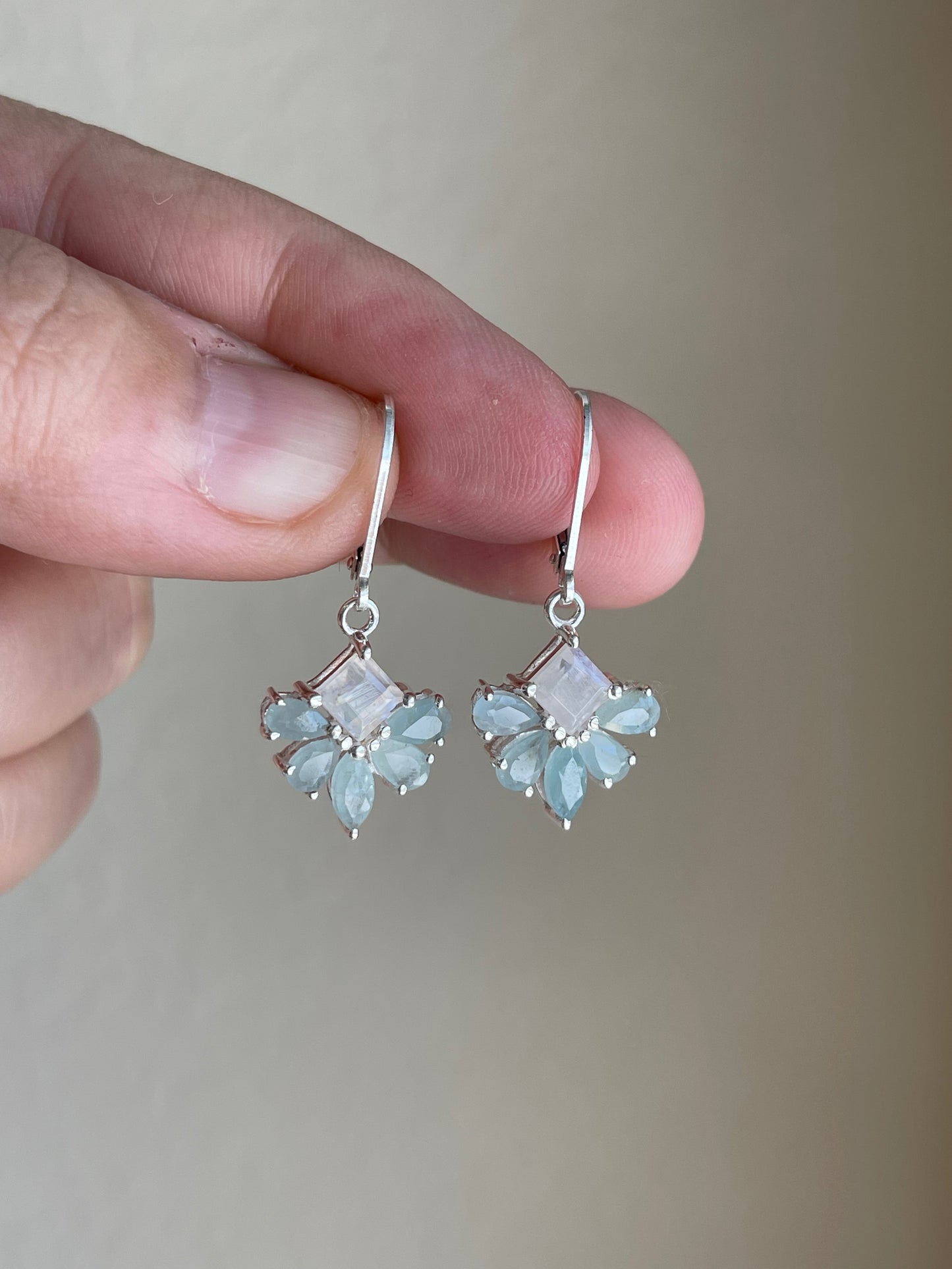 Aquamarine and Moonstone Earrings, March Birthstone, Teal Flower Earrings in Gold Filled, Floral Rainbow Moonstone Jewelry, Gift for her