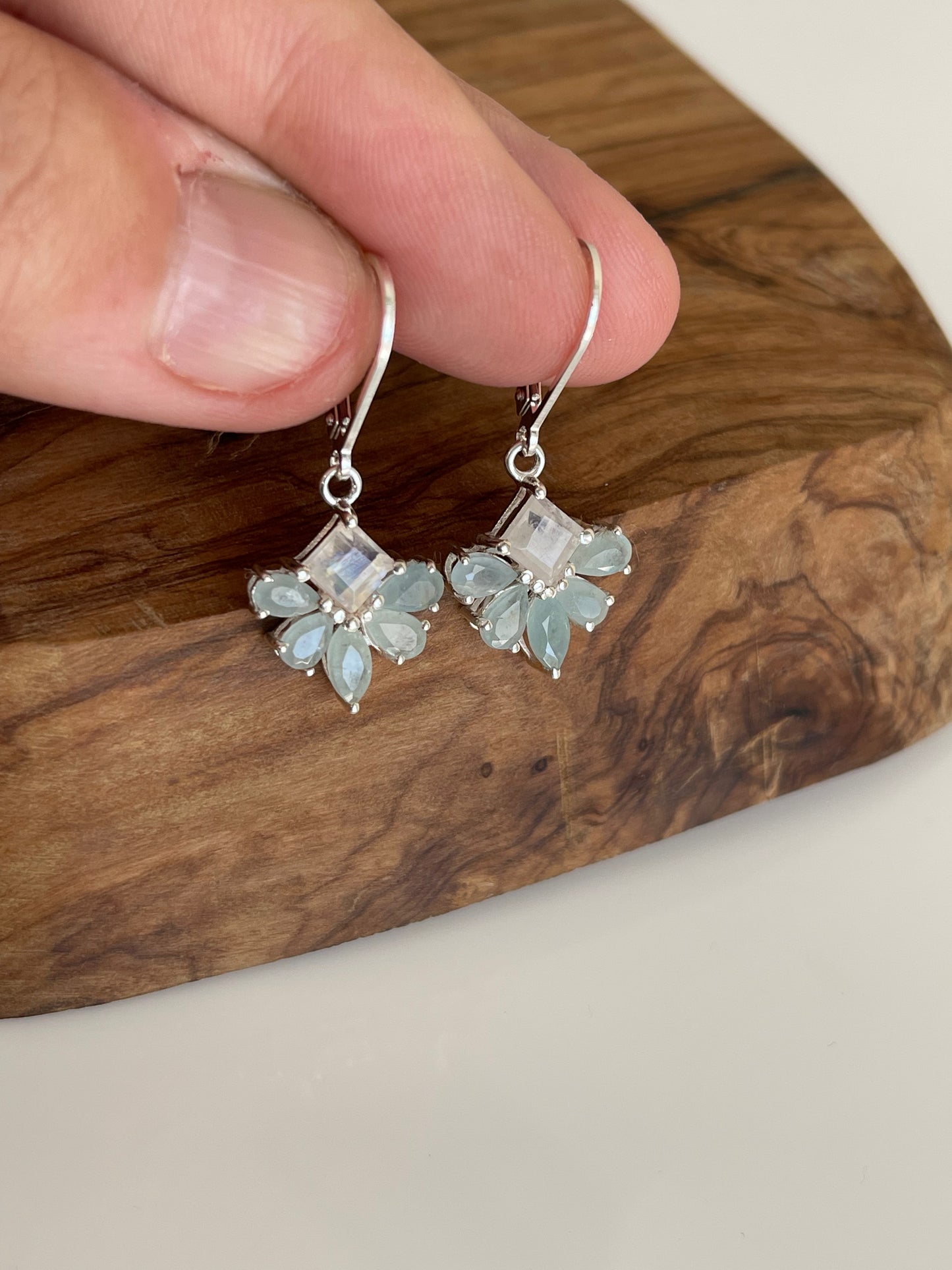 Aquamarine and Moonstone Earrings, March Birthstone, Teal Flower Earrings in Gold Filled, Floral Rainbow Moonstone Jewelry, Gift for her