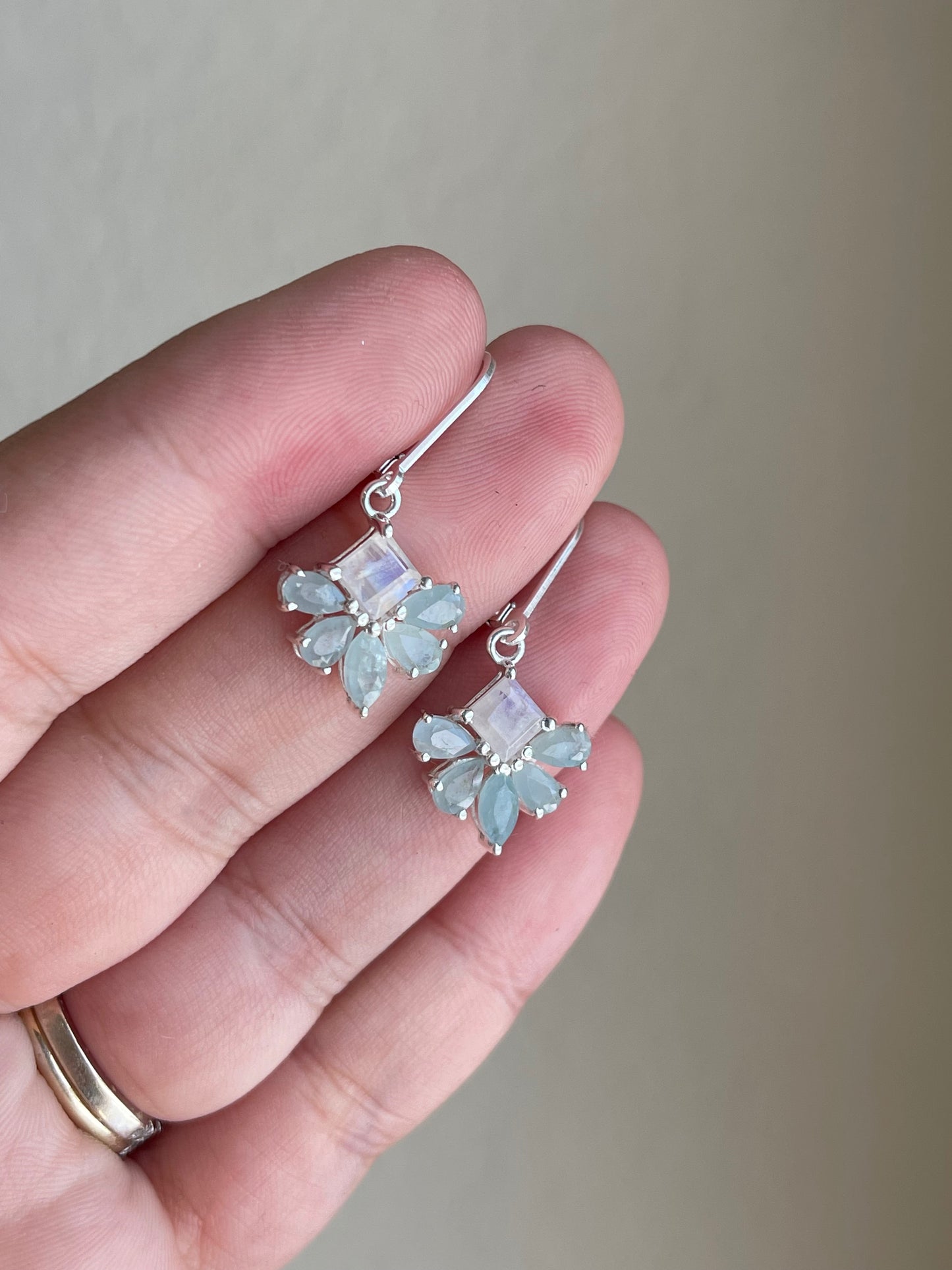 Aquamarine and Moonstone Earrings, March Birthstone, Teal Flower Earrings in Gold Filled, Floral Rainbow Moonstone Jewelry, Gift for her