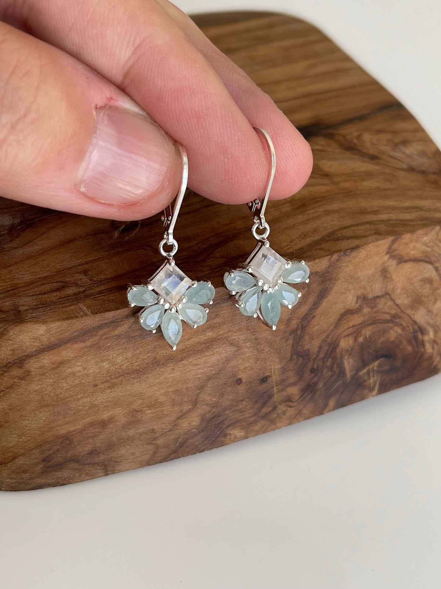 Aquamarine and Moonstone Earrings, March Birthstone, Teal Flower Earrings in Gold Filled, Floral Rainbow Moonstone Jewelry, Gift for her