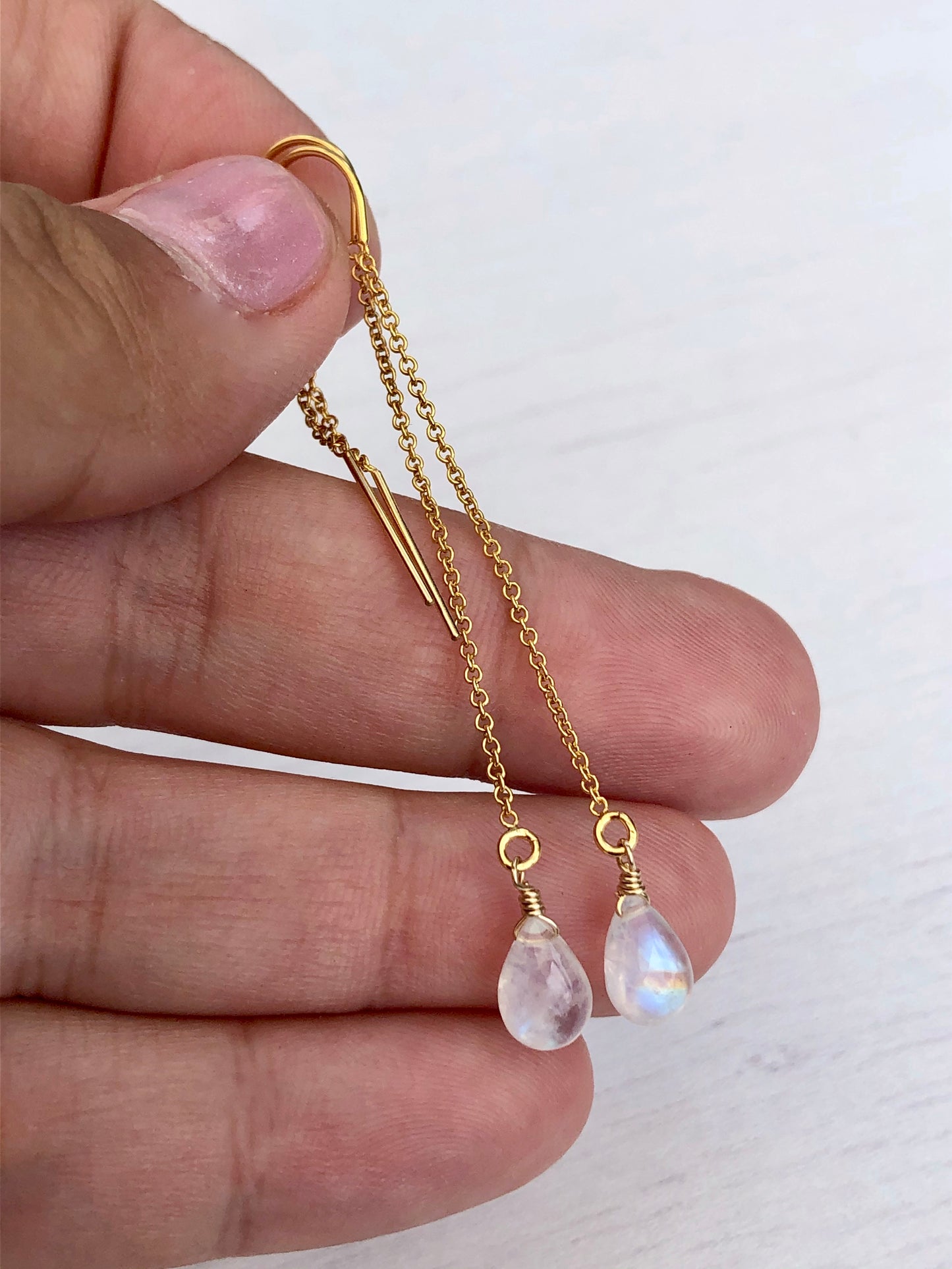 Rainbow Moonstone Threader Earrings