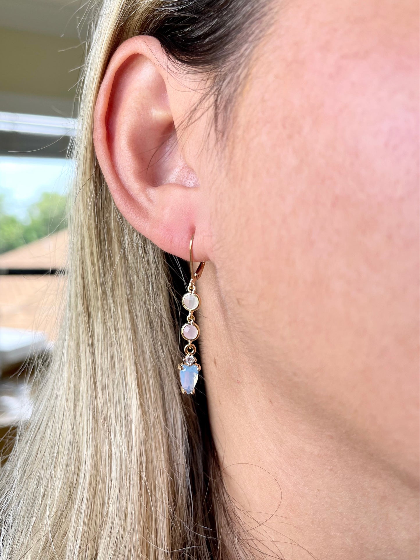 Chalcedony Rose Quartz and Moonstone Elongated Earrings