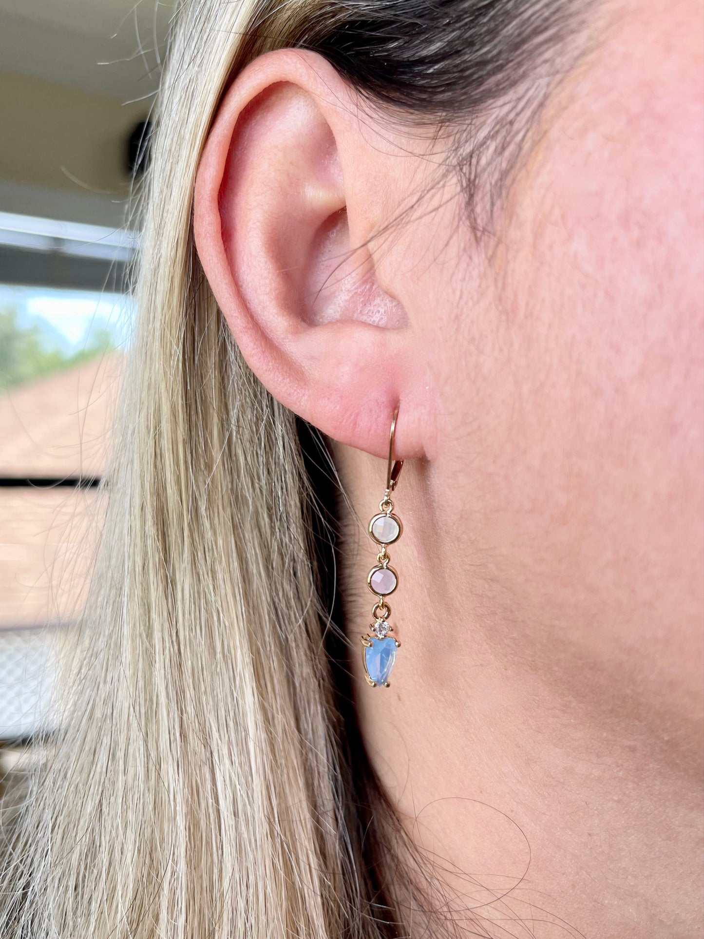 Chalcedony Rose Quartz and Moonstone Elongated Earrings