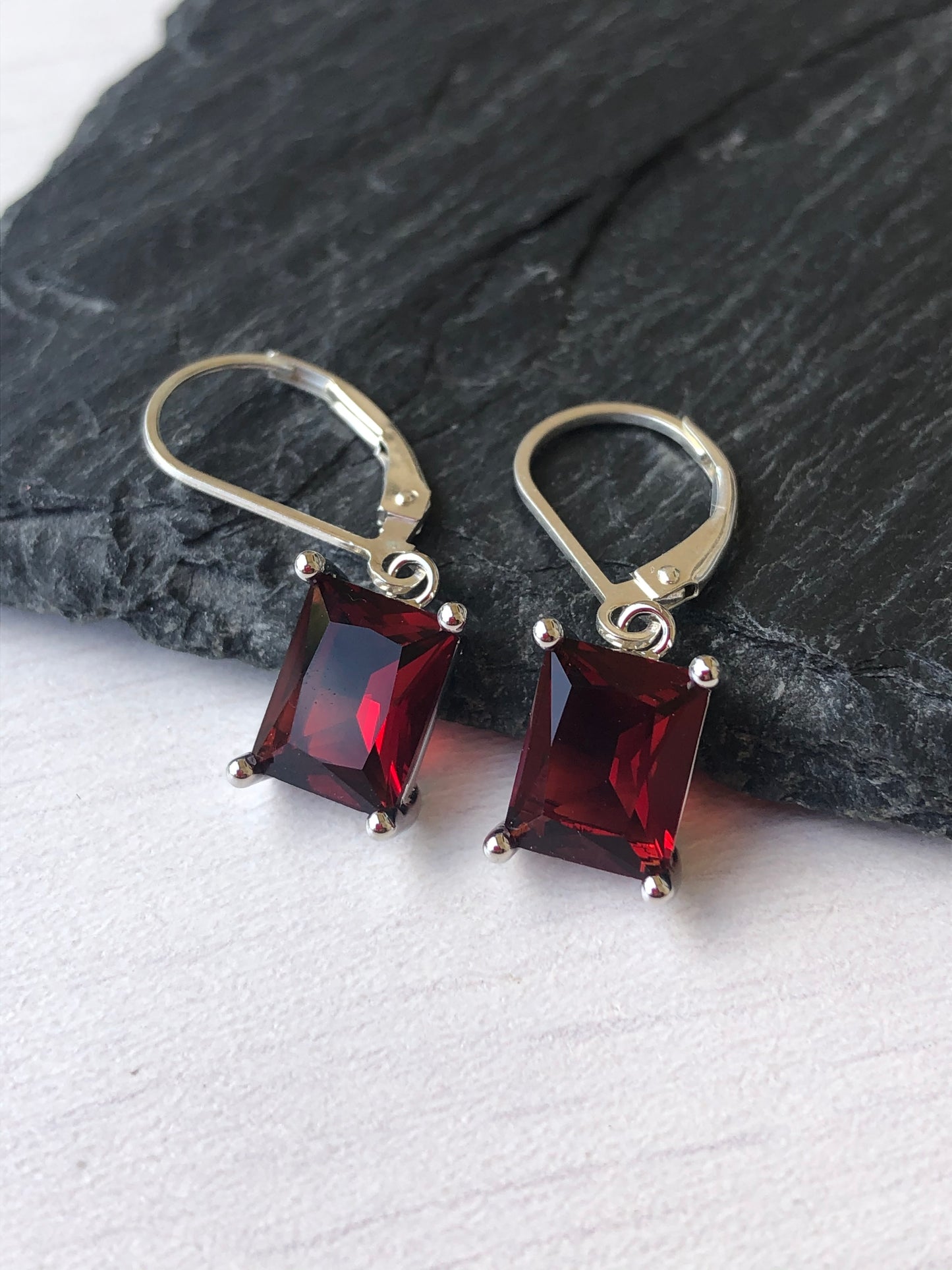 Garnet Emerald Cut Earrings- January Birthstone