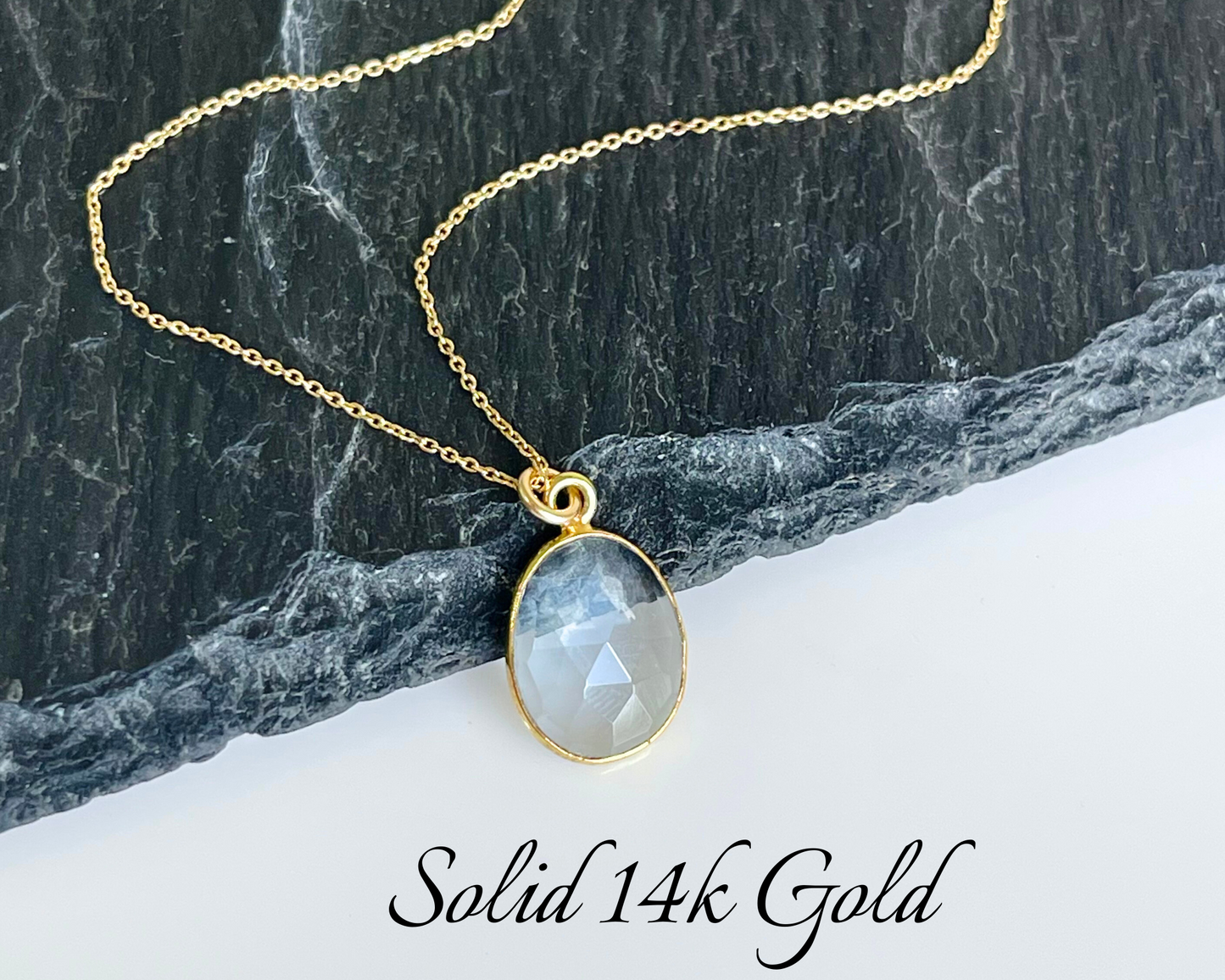 Aquamarine Oval Bezeled Necklace- March Birthstone Solid 14K Gold