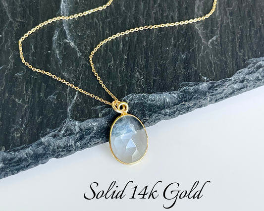 Aquamarine Oval Bezeled Necklace- March Birthstone Solid 14K Gold