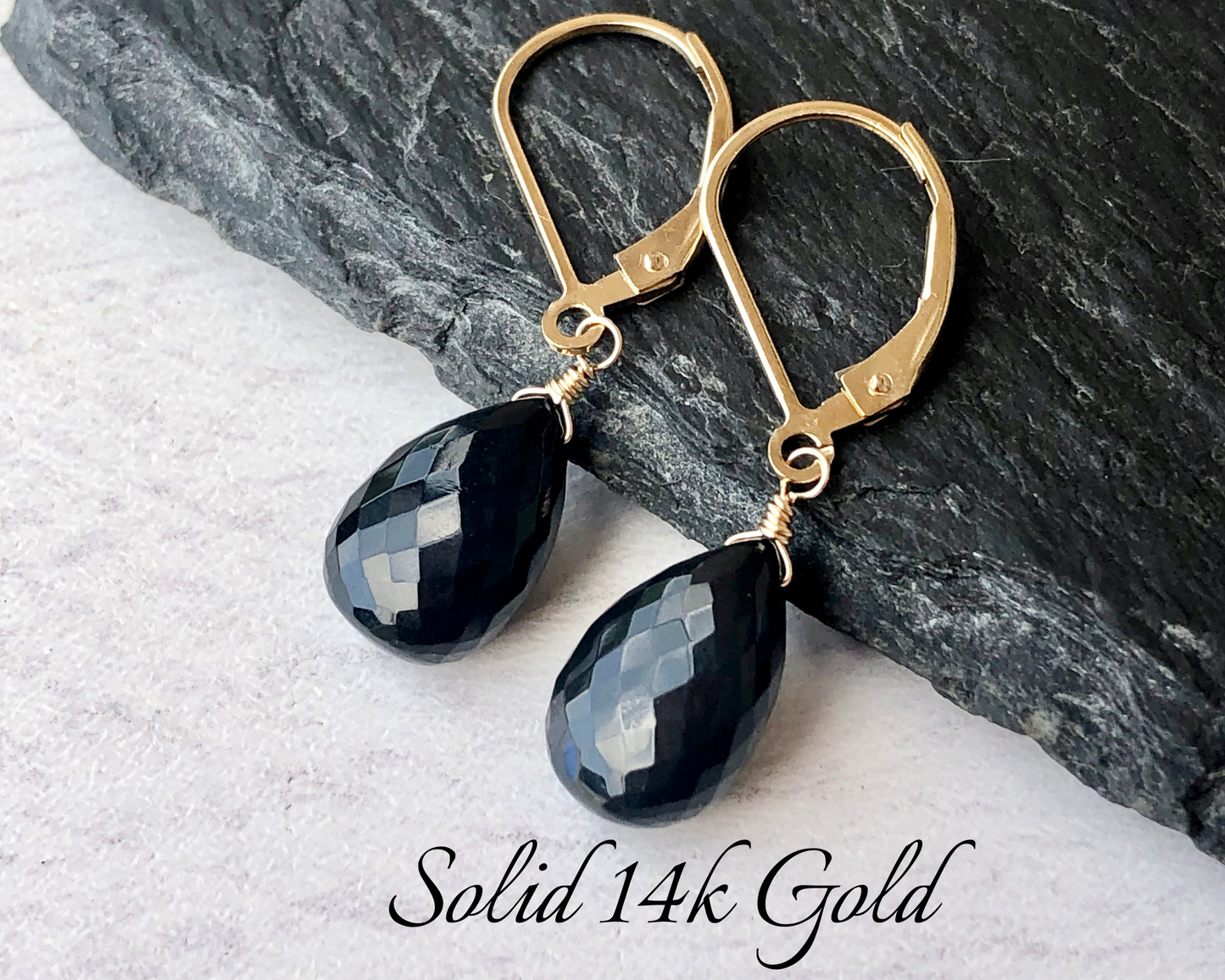 Black Onyx Teardrop Earrings- Solid 14k Gold