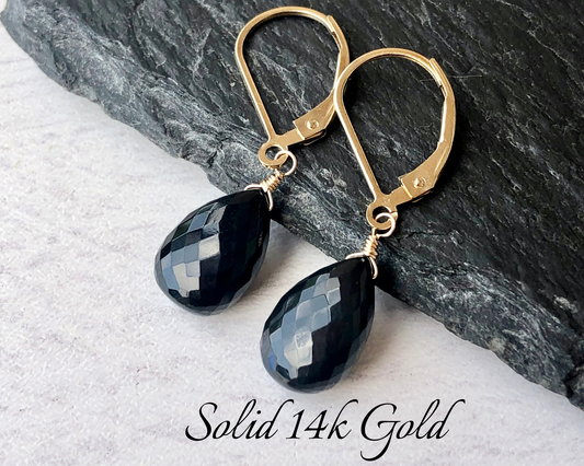 Black Onyx Teardrop Earrings- Solid 14k Gold